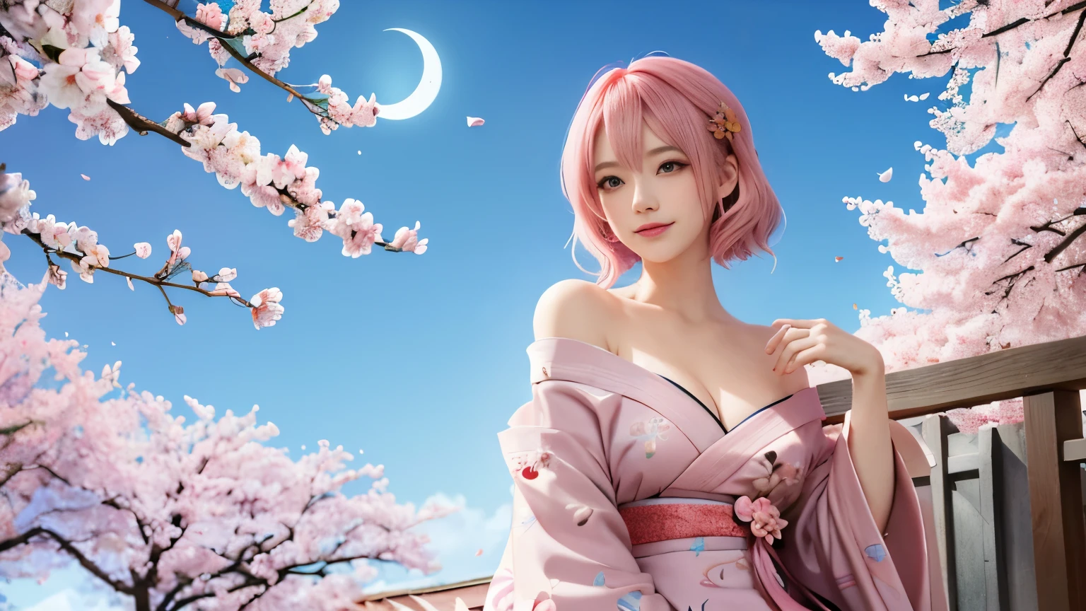 anime, one girl, colorful hair,pink hair and blue hair、 Hair is tangled, pink eyes, Kyoto, cherry blossoms、petal、moon, pink patterned kimono, off shoulder, sitting, alone,cleavage、smile、close up of face
