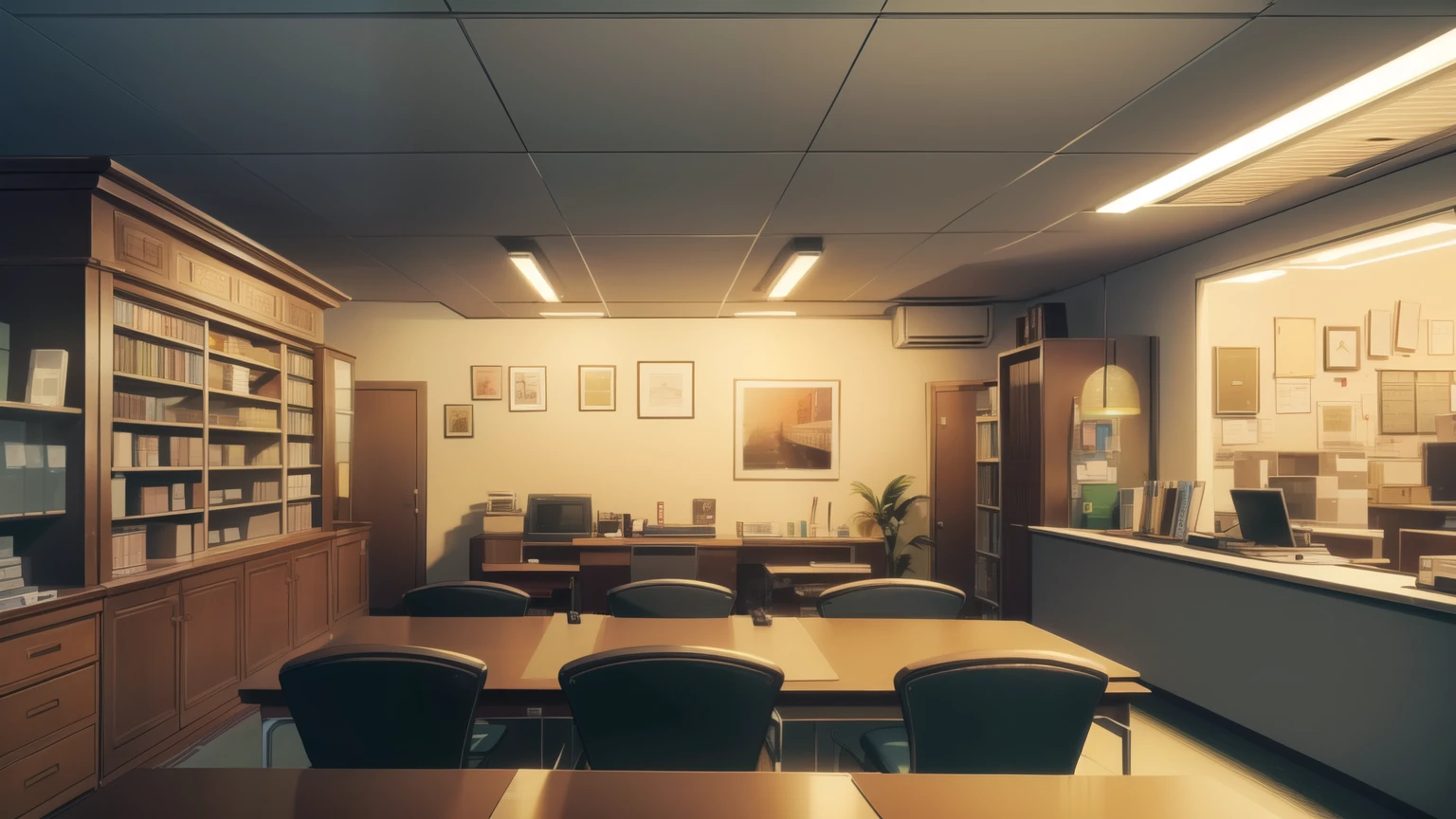 (masterpiece), (best quality), (ultra-detailed), (best illustration), (best shadow), retro office with lots of paperwork, lots of decorations, very detailed, retro European office