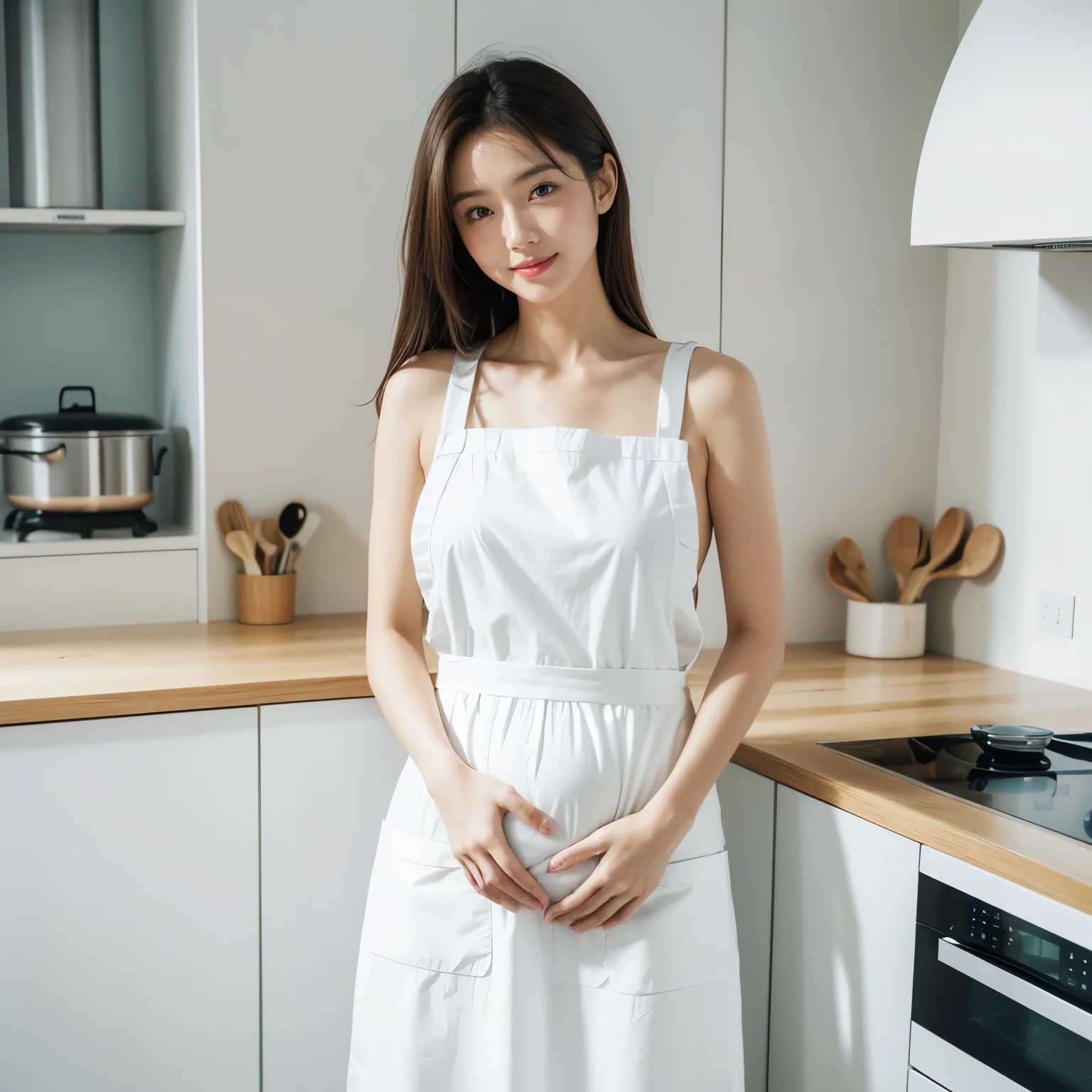 (table top、highest quality、8k、Award-winning work、ultra high resolution)、one beautiful woman、(Wearing the most natural and perfect bright apron:1.1)、look at me with the best smile、emphasize body line、(bust up photo:1.1)、big breasts、(The most natural and practical kitchen:1.1)、(Perfectly organized and clean kitchen:1.1)、(modern and elegant kitchen:1.1)、(Perfect kitchen with state-of-the-art induction:1.1)、(Beautiful modern kitchen with a unified feel:1.1)、(very bright:1.1)、(very bright and vivid:1.2)、A refreshing and beautiful perfect window、ultra high resolutionの完璧な美しい歯、(Ultra high definition glossy skin:1.1)、(very brightly lit、bright and glowing skin:1.2)、Super high-definition sparkling eyes、accurate anatomy、[slightly pregnant]