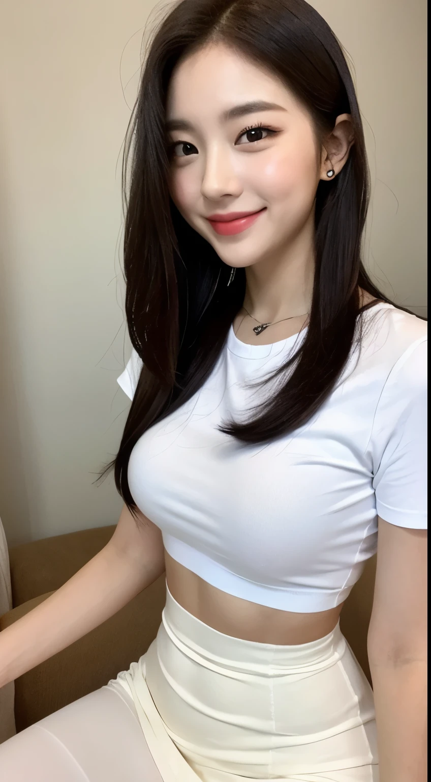 white tight shirt、white tight mini skirt、bed、smile、short sleeve、high resolution、Korean idol face