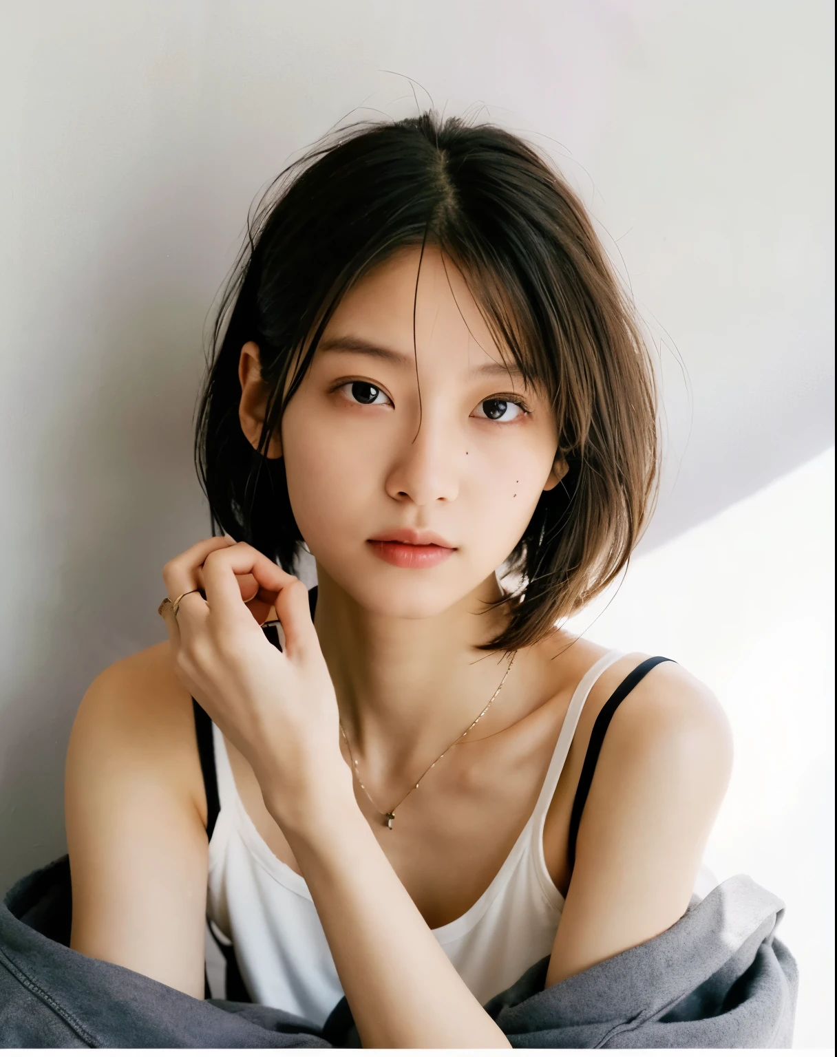 (very realistic pictures, focus、High resolution, detailed face, fine eyes), ((Taken in front of a white wall))、japanese woman, 20-year-old, various expressions, Upper body、alone:1, slim body shape, various hairstyles, casual clothes, Only one person is in the photo、Photographed in natural light、simple necklace、Don&#39;don&#39;t look at the camera、bob hair、various hand poses