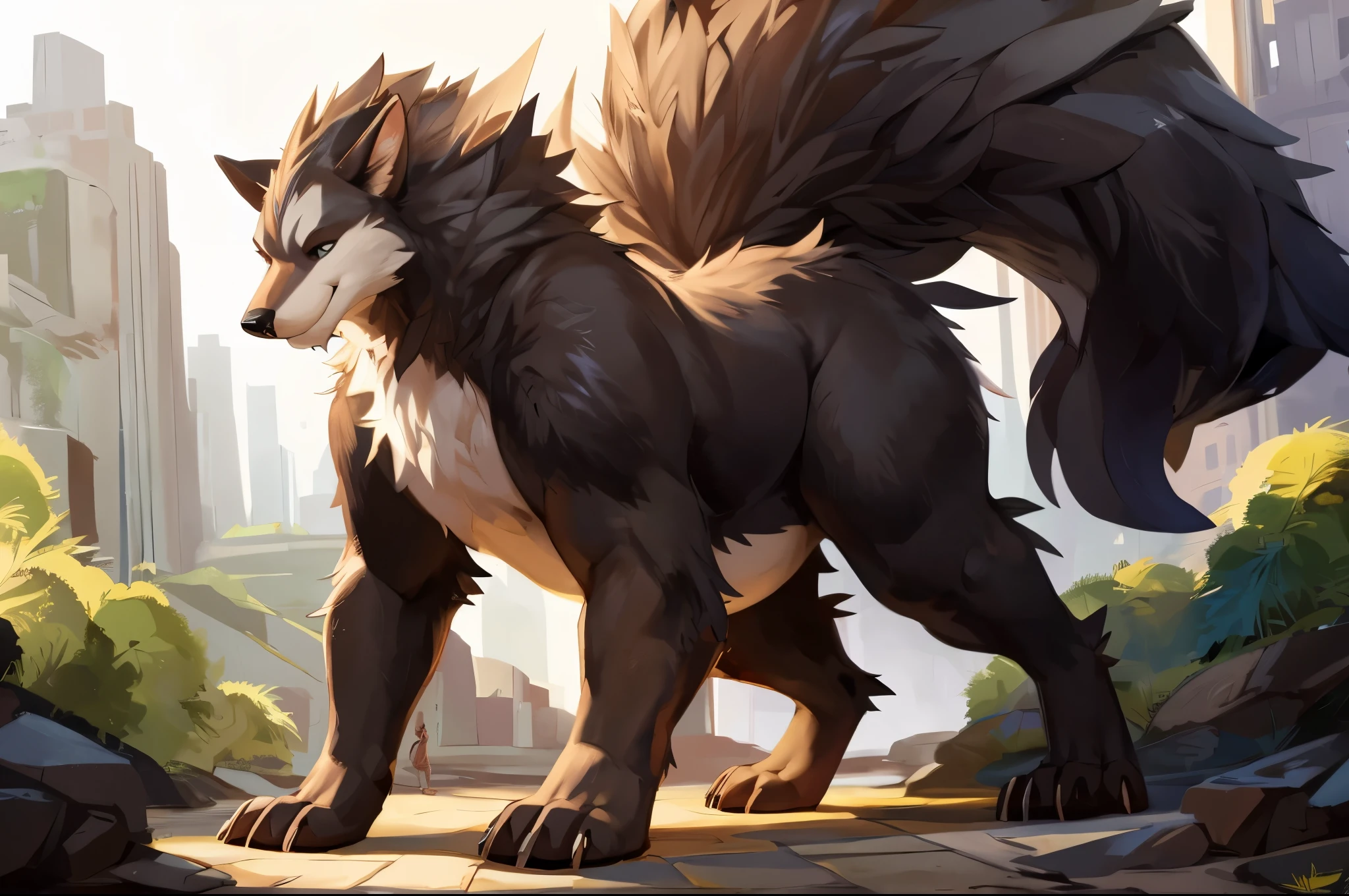 4k ultra quality, 4k full body view,(ultra high detailed body), wolf, detailed body,by mystikfox61, by glitter trap boy,feral paws, by bebebebebe,by morethreedee, by seibear,(thick thigh),(chubby thigh),thicc thigh,thick legs,chubby legs,thicc legs,massive butt,enomorous thigh,massive thigh,massive legs,thick lower legs,wide legs,(detailed thigh),(wide thigh),fluffy belly,furry belly,sharp nails,((sfw)),(ultra detailed face),detailed eyes,big tail,fluffy tail,(detailed tail),enomorous tail,bigger tail,huge tail,volumetric light,big lower belly,big paws,(thick paws),fluffy paws,furry paws,enomorous paws,animal focus, beast,standing,(bigger lower body),strong lower body,(long legs),front view,macro,giga,master works, super fine, 4k resolution, high quality, movie lighting, high picture detail,dark fantasy,beast creature,illusory engine, Masterpiece,shiny fur, ((((huge sheath anatomy, huge balls, hyper balls, feral))))