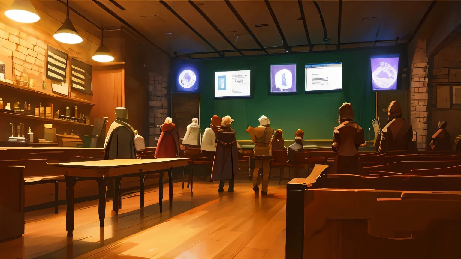 visual novel background, adventurer's guild, tables and chairs, quest board, extremely detailed, high quality