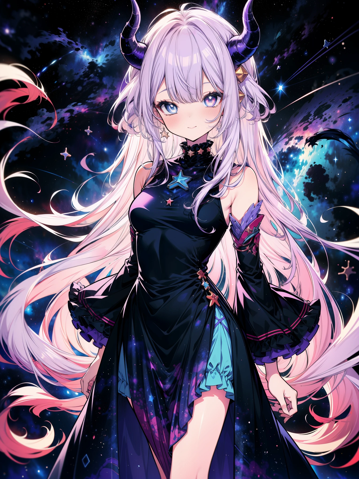 (cowboy shot), (best quality, ultra-high resolution, depth of field:1.2), (adult), 1woman, (medium breasts), (dragon woman), feminine, elegant, (heterochromatic eyes:1.2), red right eye, blue left eye, (gentle smile), (starry horns), curved horns, long pastel purple hair, (medium chest), (wearing a starry dress), frills, elegant twirl in long skirt deep indigo and violet shades, (colorful nebula background:1.2), (walking on a sea of stars:1.2), (up view), (looking at the viewer)