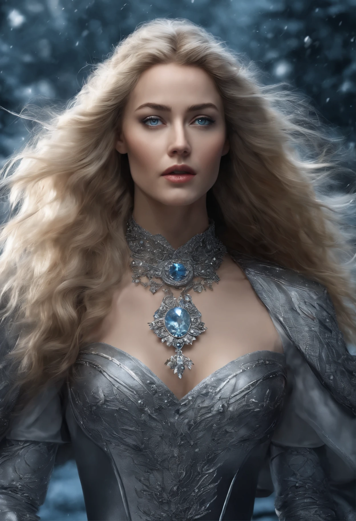 Vintage style fantasy, Masterpiece, Magnificent art, Best quality, 1girll, (ohwx woman) Close up girl Nordic princess played by Amber Heard, Scandinavian mountains, Winter weather, symmetrical and hyper detailed face, Silky skin like peach silk, Energetic and aggressive silver eyes, Gray and messy hair that goes all the way to the waist, Sculptural body, a white witch, witch clothes (fantasy, acts of the 13th - 14th century) ice magic, makes magic showing ice spikes floting in her hands, Blue magic sparks, focused expression (spark of light: 0.7), Adobe illustration, Trand on Artstation, 8K, HD, hyper HD, Cool soft lighting, --q 500 --s 100, -- mysticism,fantasy,witchcraft,8k render, HDR, photorealism.