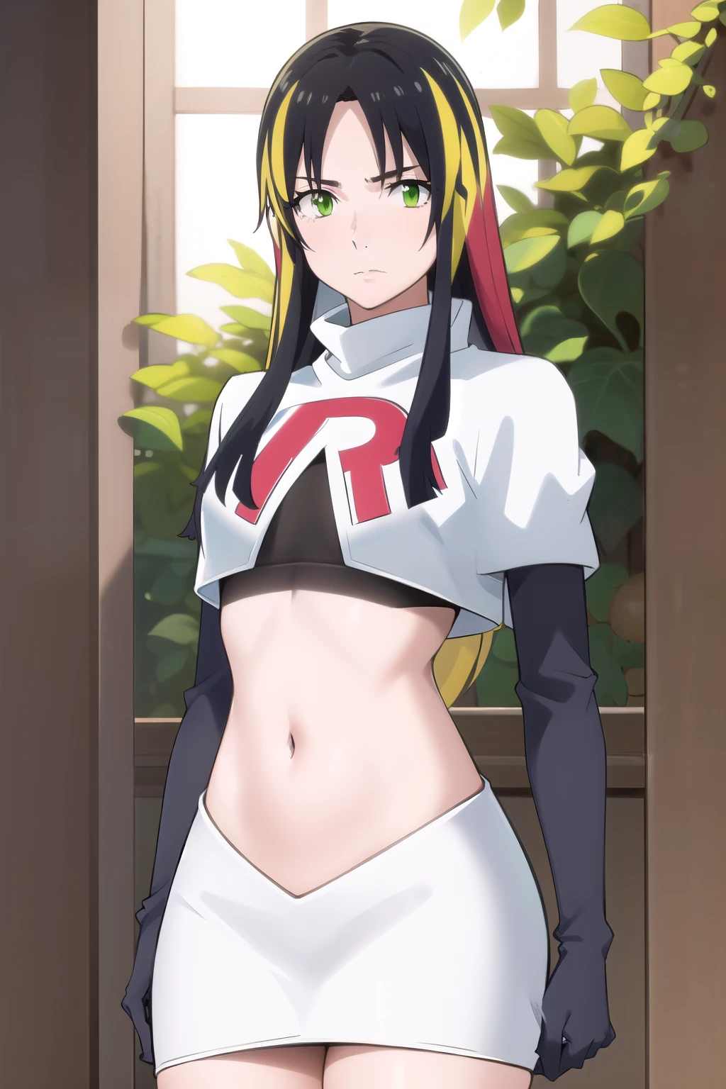 photorealistic, (4k), depth of field, (Masterpiece), (realistic skin texture), extremely detailed, intricate, hyper detailed, professional photography, high resolution, sharp detail, best quality, woman, long hair, black hair, yellow hair streaks, green eyes, team rocket,team rocket uniform,white skirt,red letter R,crop top,black thigh-highs,black elbow gloves,