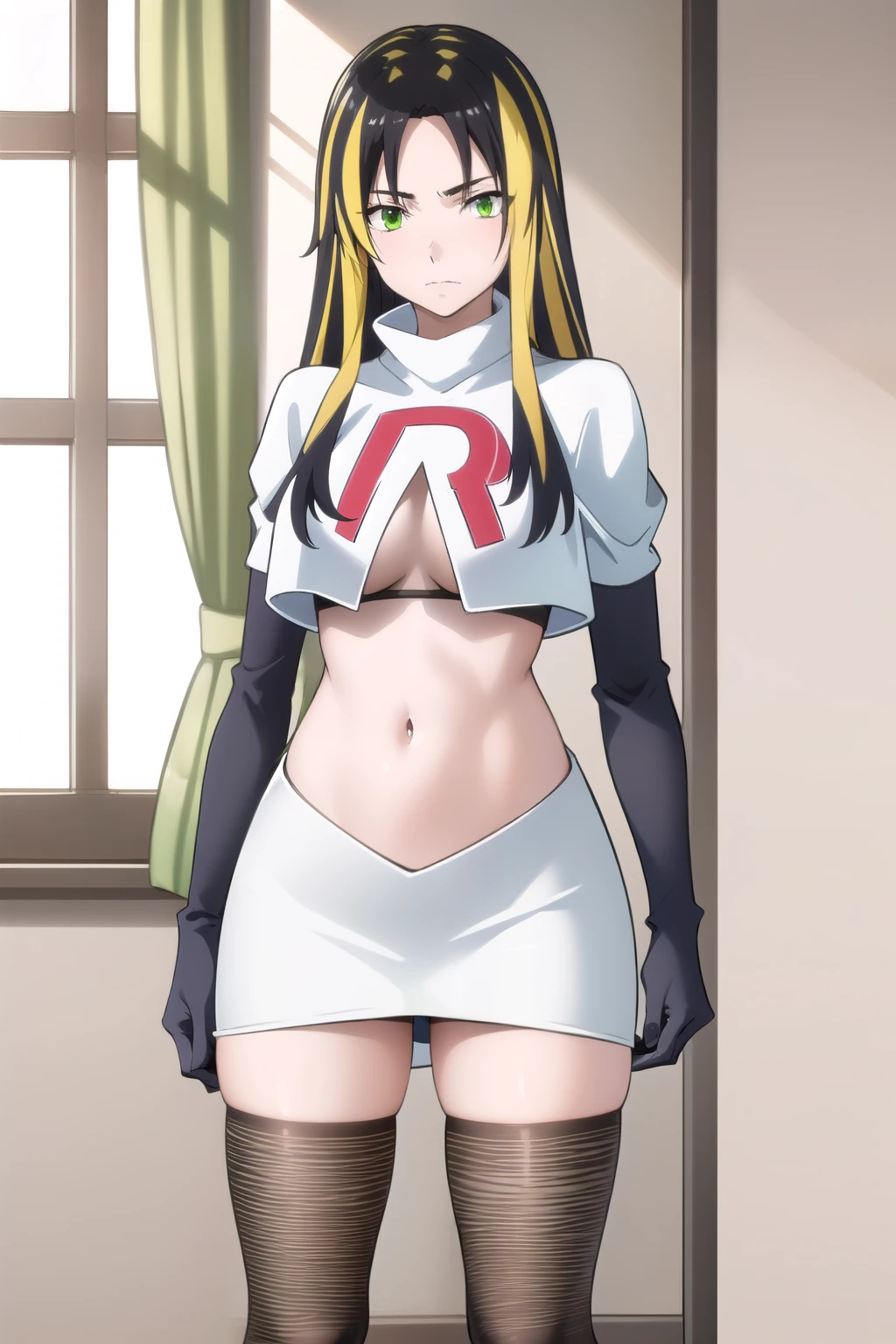 photorealistic, (4k), depth of field, (Masterpiece), (realistic skin texture), extremely detailed, intricate, hyper detailed, professional photography, high resolution, sharp detail, best quality, woman, long hair, black hair, yellow hair streaks, green eyes, team rocket,team rocket uniform,white skirt,red letter R,crop top,black thigh-highs,black elbow gloves,