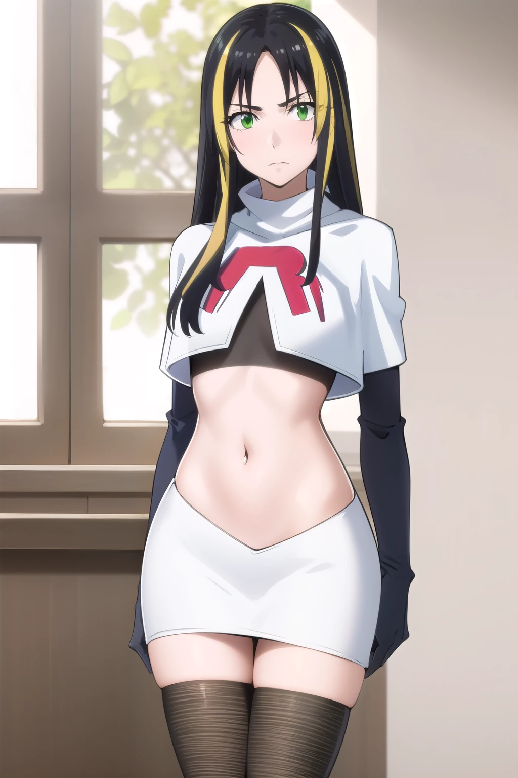 photorealistic, (4k), depth of field, (Masterpiece), (realistic skin texture), extremely detailed, intricate, hyper detailed, professional photography, high resolution, sharp detail, best quality, woman, long hair, black hair, yellow hair streaks, green eyes, team rocket,team rocket uniform,white skirt,red letter R,crop top,black thigh-highs,black elbow gloves,