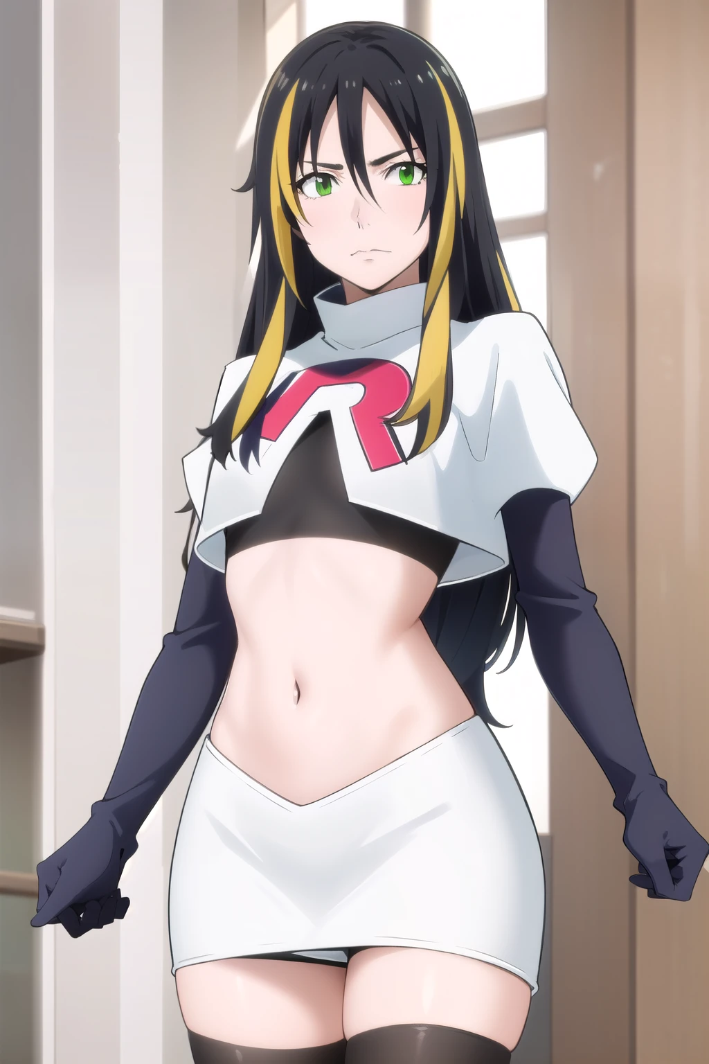 photorealistic, (4k), depth of field, (Masterpiece), (realistic skin texture), extremely detailed, intricate, hyper detailed, professional photography, high resolution, sharp detail, best quality, woman, long hair, black hair, yellow hair streaks, green eyes, team rocket,team rocket uniform,white skirt,red letter R,crop top,black thigh-highs,black elbow gloves,