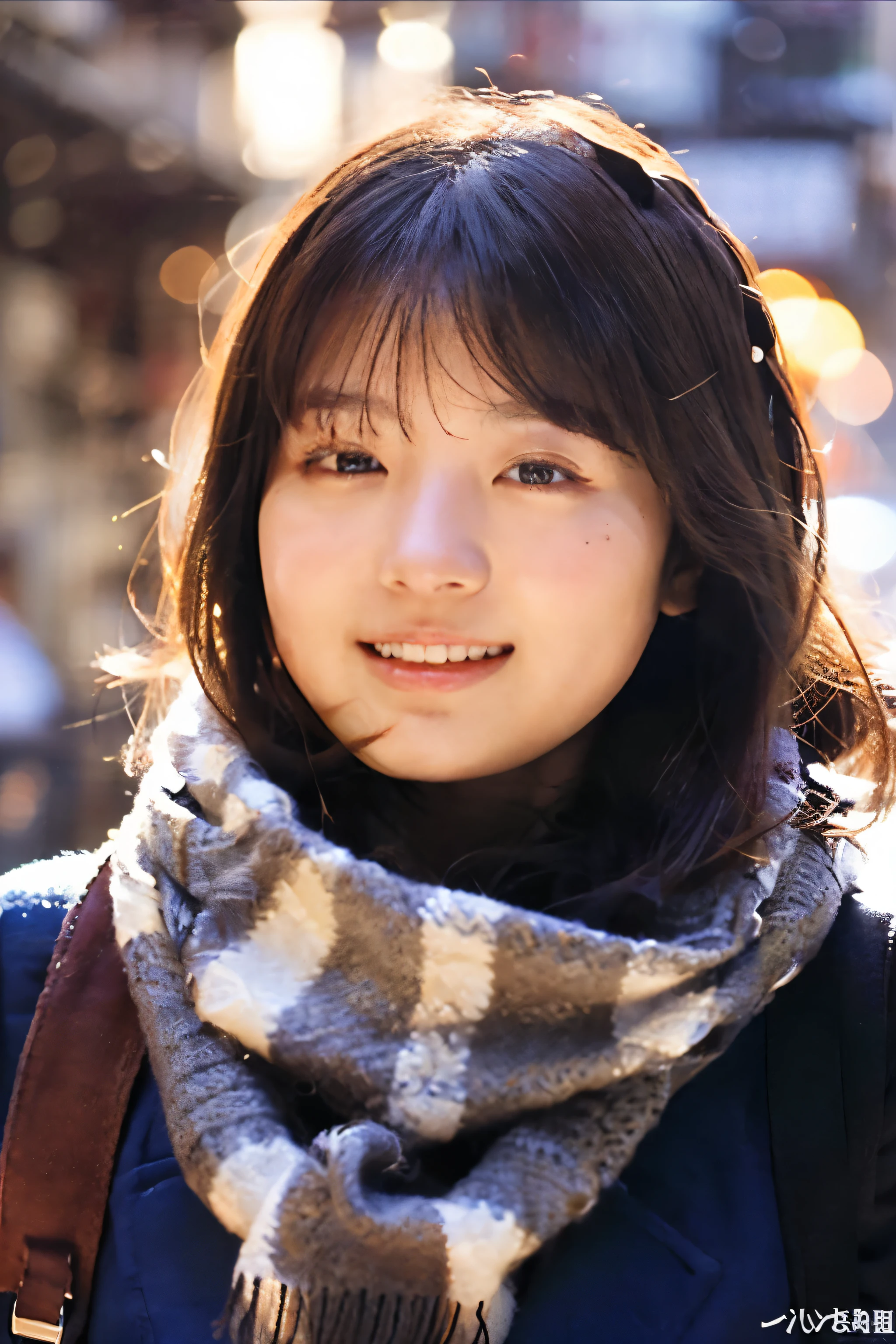 ((no makeup、close your eyes、close your mouth:1.2))、(realistic、Photoreal、Super detailed、best detailed skin、highest quality、masterpiece、ultra high resolution)、cute japanese woman、、high school girl、young girl、1 girl、have bangs、double eyelid、drooling eyes、Japanese style face、purity、double teeth、realistic肌タイプ、thick muffler、Gray muffler、fluffy hair、((There&#39;hair in scarf:1.3))、red cheeks、The wind is blowing、that&#39;that&#39、night、illumination、light comes from behind、close your eyes微笑む、sexy