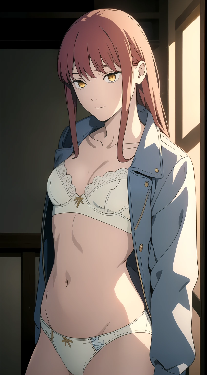 (masterpiece, best quality), intricate details, makima chainsawman, 1girl, long hair, red hair, sode bangs,yellow eyes, white pupils, medium breasts,ringed eyes,collarbone, blue jacket, sexy underwear, navel, midriff, dynamic pose,white underwear