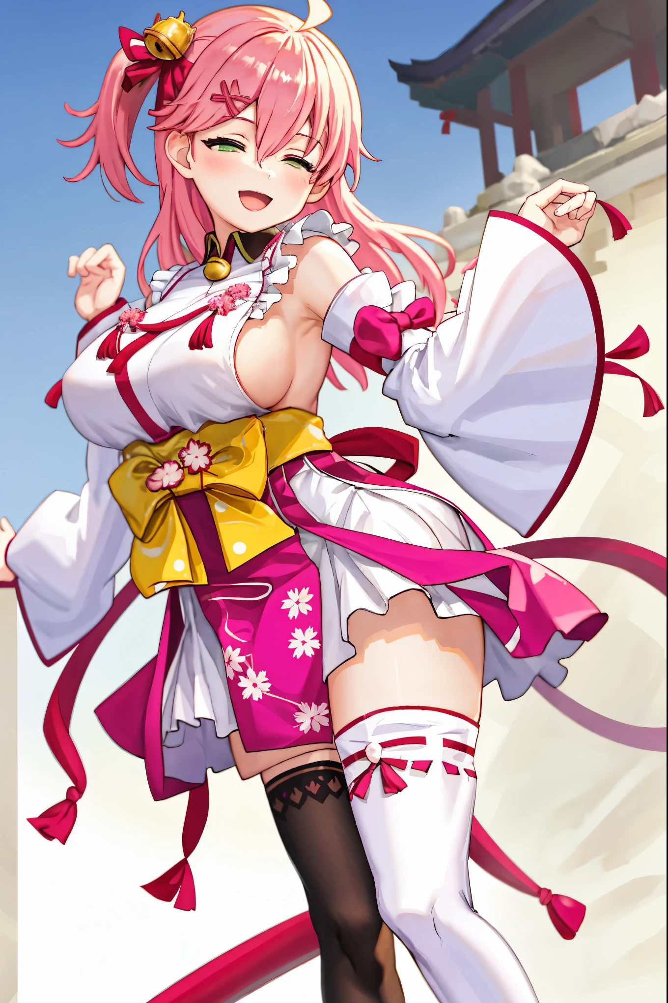masterpiece, best quality, highres, miko1, sakura_miko, 1girl, green eyes, solo, ahoge, x_hair_ornament, pink_hair, floral print, hairclip,side_less_clothes, (sideboobs:1.4), hair_bell, floral print, long_hair, hair between eyes, one side up, white thighhighs, asymmetrical legwear, wide sleeves, open_mouth,happy,close_eyes, smile,jumping,rising_leg,plump,apart_legs,(overly_long_sleeves:1.1),(beautiful_fingers),sleeves_past_wrists,hands_hidden_sleeves,japanese_temple_background,