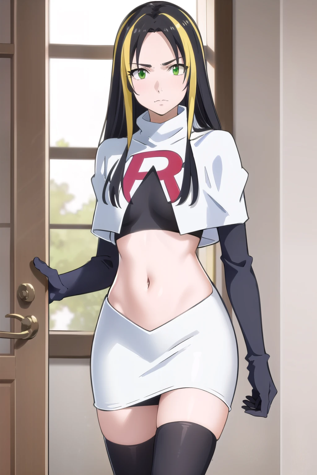 photorealistic, (4k), depth of field, (Masterpiece), (realistic skin texture), extremely detailed, intricate, hyper detailed, professional photography, high resolution, sharp detail, best quality, woman, long hair, black hair, yellow hair streaks, green eyes, team rocket,team rocket uniform,white skirt,red letter R,crop top,black thigh-highs,black elbow gloves,