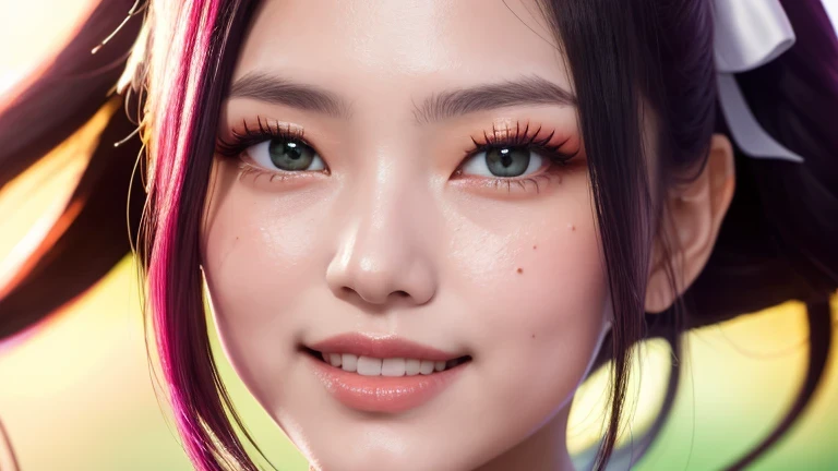 (masterpiece, best quality:1.5), beautiful girl, 8k, 50mm portrait, RAW photos, absurd, exquisite girl, (Close-up face, Dance:1.3), upper part of body, front shot, short hair, cheerleader, Pink cheerleading uniform, mini skirt, ribbon hair bow, view viewer, (Smile:0.6), skin shiny, breast focus, Thin arms, The waist is thin, face light, clear lighting, film grain, Color difference, stadium, (Bokeh:1.1), (simple background:1.2)