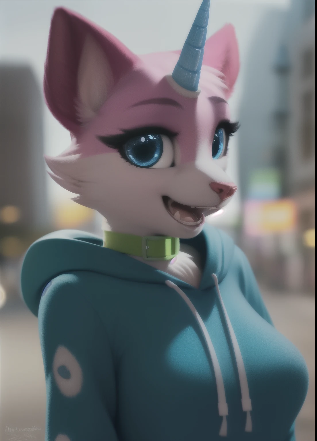 unikitty, furry female anthro, unicorn girl, portrait, close-up, green choker,  (blue hoodie:1.2),  fur trim, solo, (body fur:1.2), (best quality), (detailed urban background:1.2), dramatic lighting, (detailed fluffy fur:1.1), open mouth, looking at viewer,  medium breasts, realistic fur