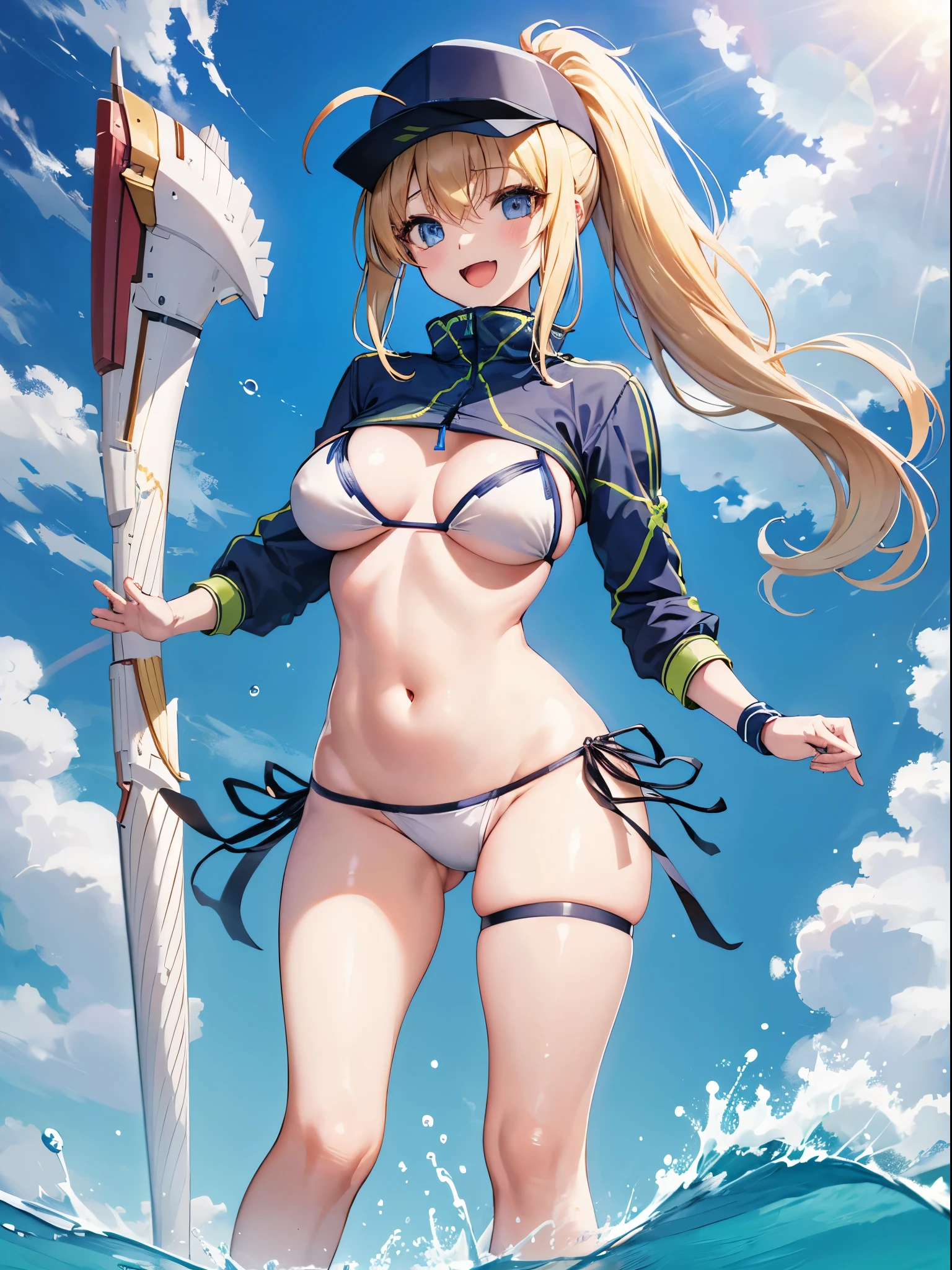masterpiece,(ultra-detailed),1girl, mysterious heroine xx \(fate\), half_eyes,smile,open mouth, swimsuit, white bikini, side-tie bikini bottom, shrug \(clothing\), jacket, thigh strap, wristband, large_breasts, ocean, splashing,blonde_ponytail,open_legs,cap,