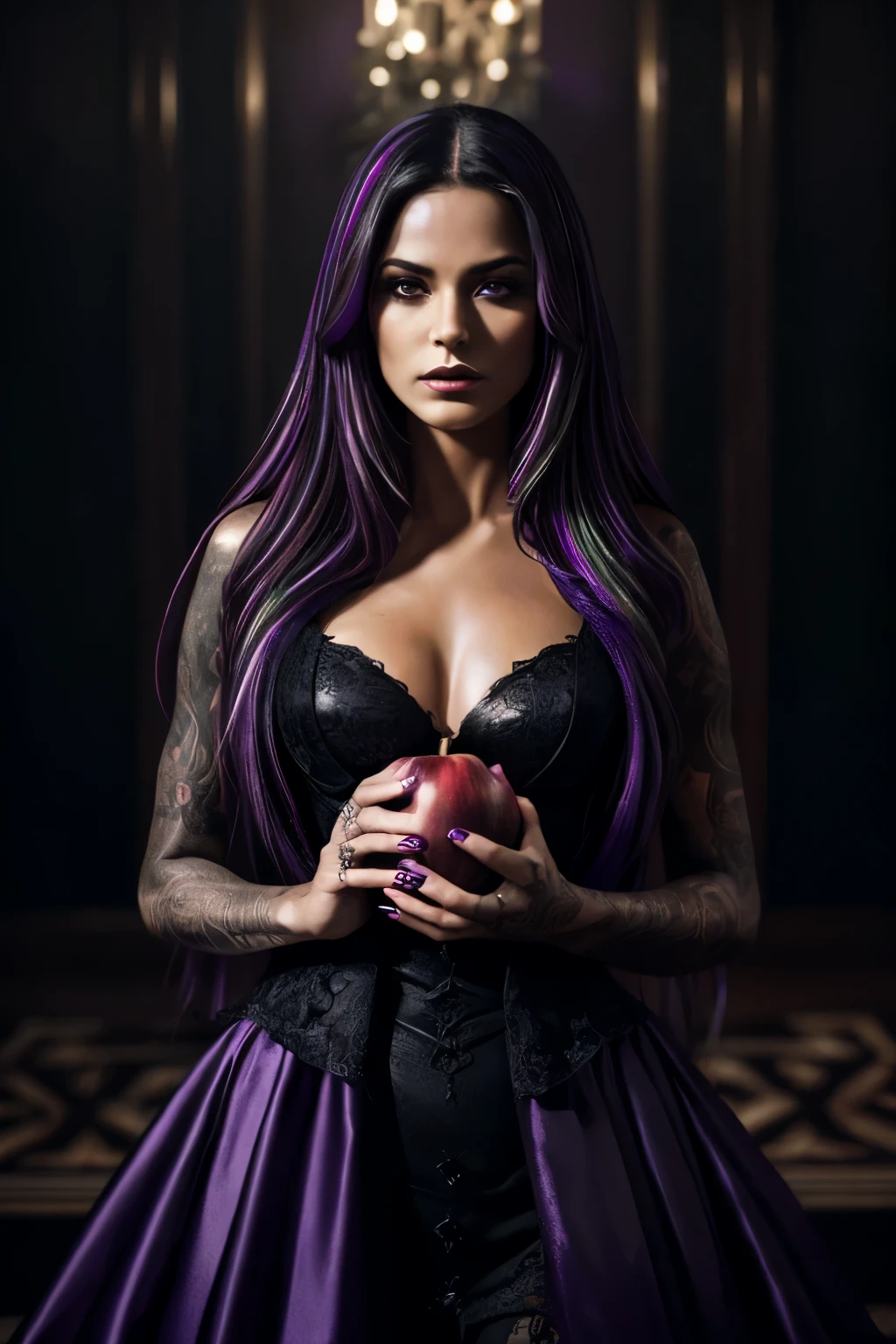 Dark romance book cover, (1woman:1.1), sexually charged, witch-like attire, holding an apple, (1man:1.2), in a suit, long dark hair, tattoos, (hyper-detailed photography:1.4), captivating, alluring, dramatic, enticing, twilight setting, enchanting, raw, high contrast, velvety shadows, (8k resolution:1.1), evocative, brooding, mysterious, seductive, thrilling, atmospheric, evoking passion and intrigue, (purple highlights:1.3), luxuriant, luscious, exquisite, rich, sumptuous