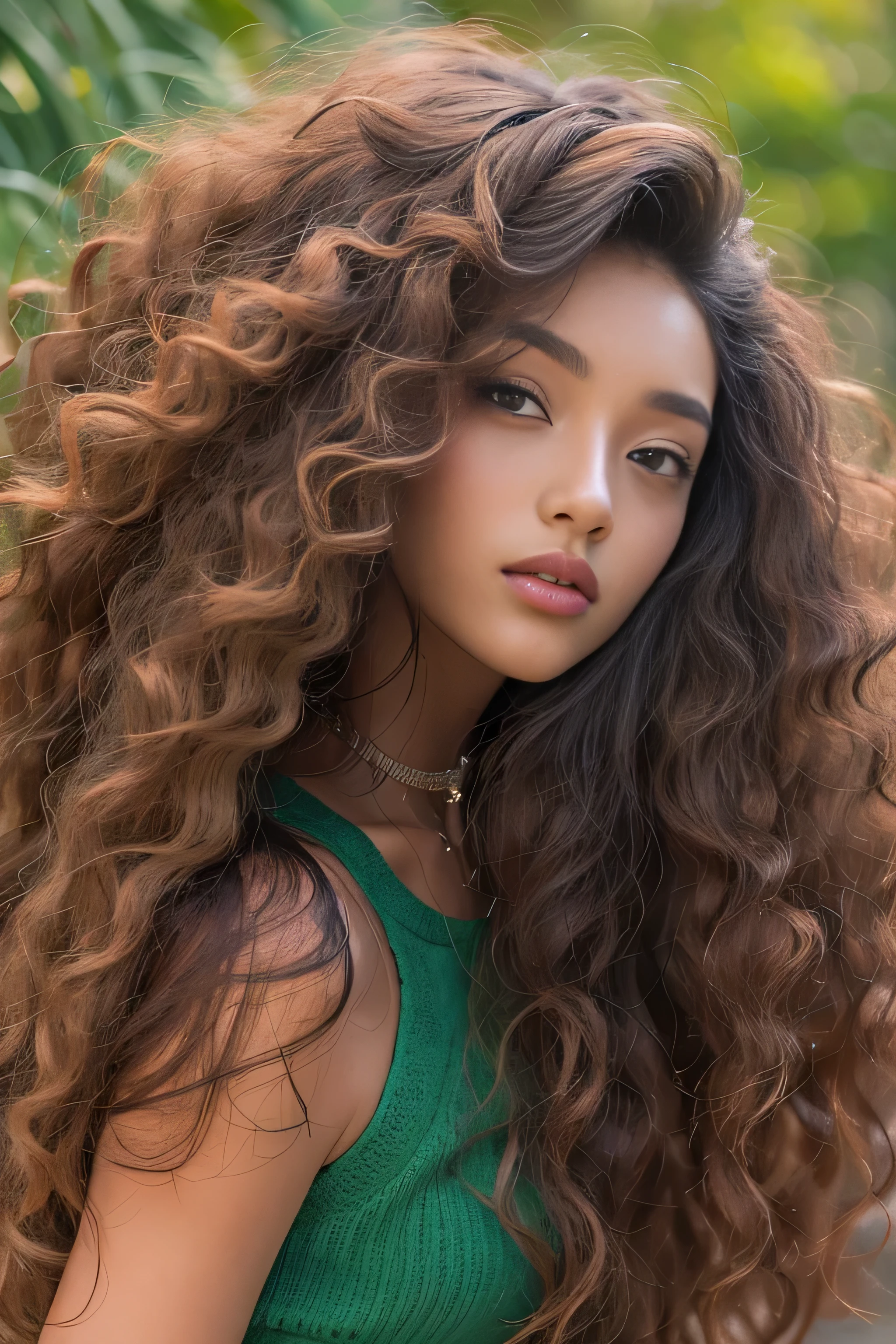 masterpiece, best quality, 1 girl, solo, beautiful African and Asian mixed 19 year old, brown skin female, long, frizzy, curly dark hair, perfect face, long hair