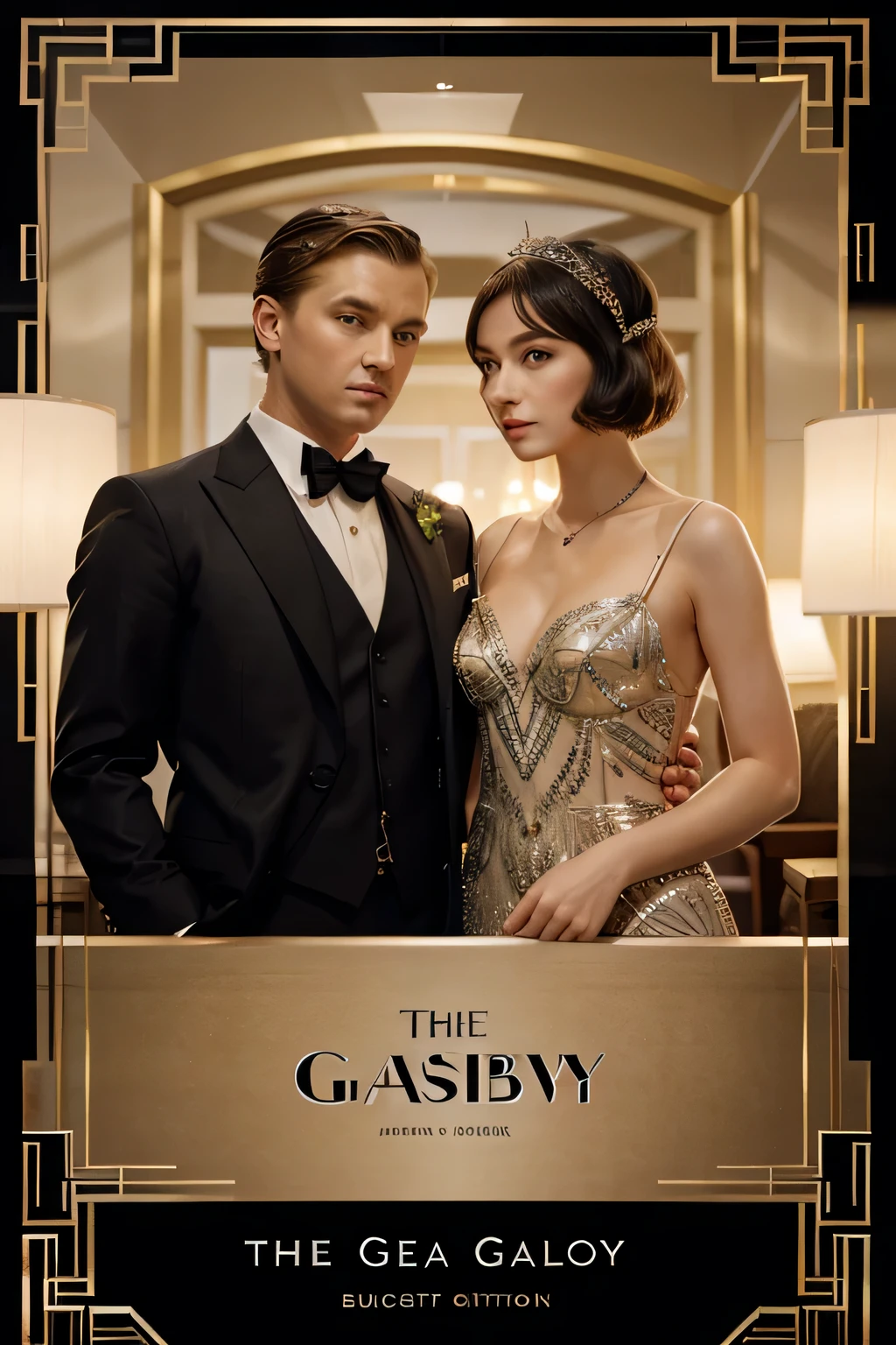 Design a novel cover， The theme of the cover is《the great Gatsby》。The cover is set in an affluent neighborhood on Long Island, deer.，Use bright and luxurious colors for cover borders，Use stylish fonts，Use an elegant yet simple layout。The title text is《the great Gatsby》。