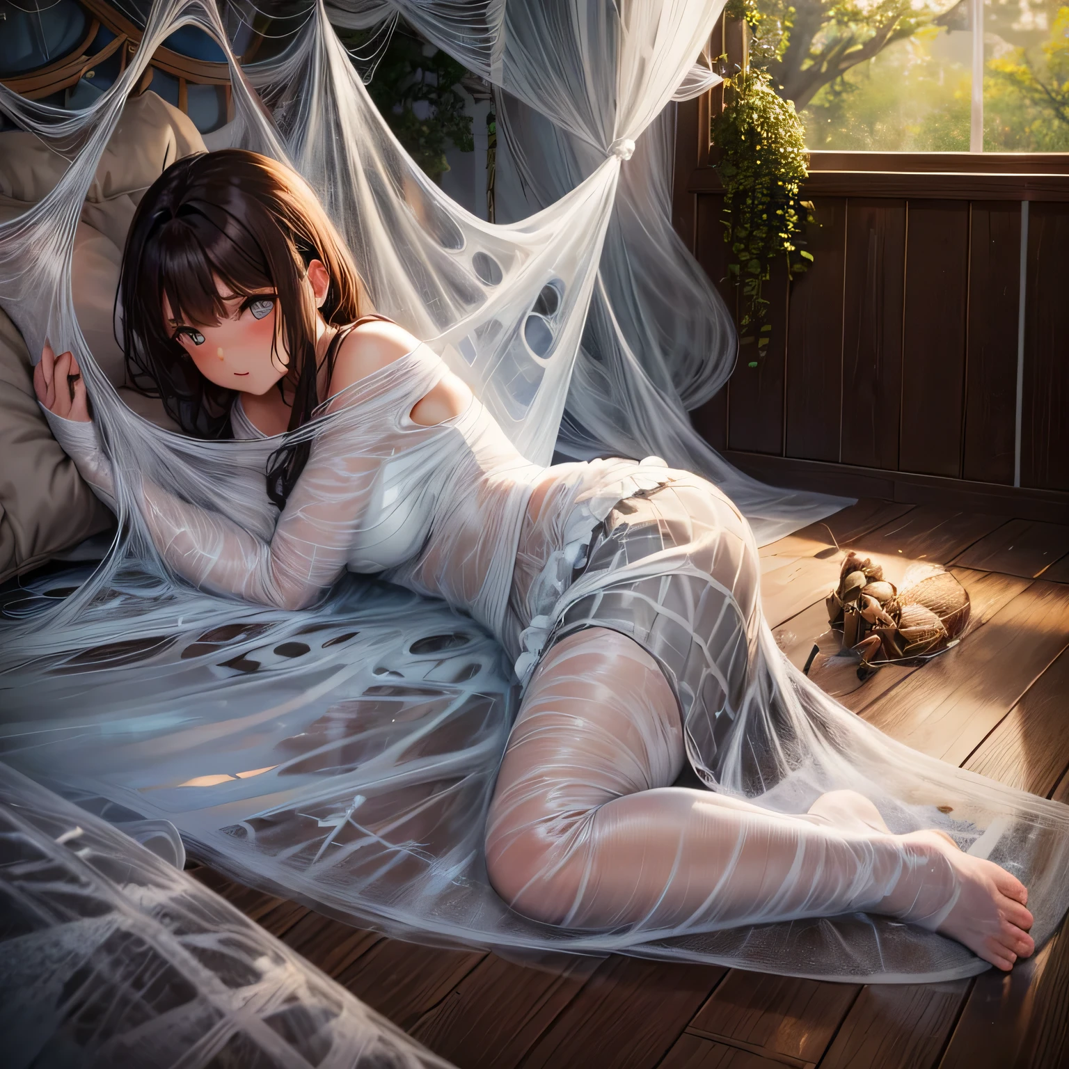1girl,Spider weaving a net on the girl,réalism:1.2,ultra-detailed,bedroom setting,stretched pose,struggling in the net,brown haired,very long sheer skirt,oaken floor,soft sunlight,delicate spider silk,lace curtains,bedside table,decorative pillows