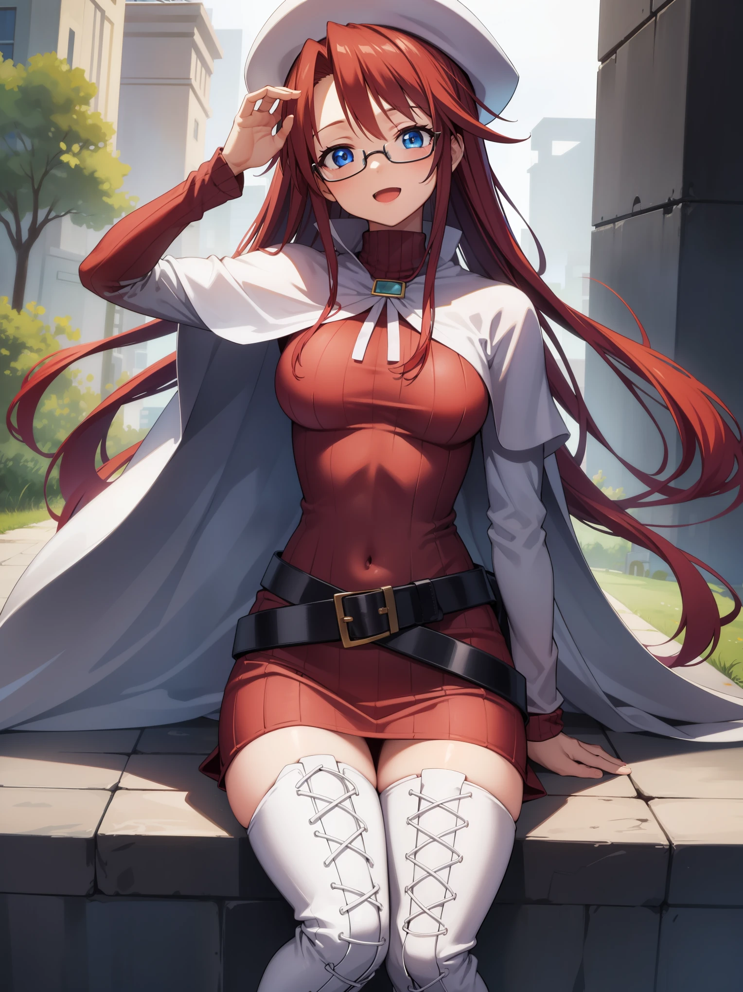 summonnightaty, aty, long hair, blue eyes, red hair, beret, hat, glasses,
BREAK long hair, thighhighs, hat, dress, boots, glasses, belt, cape, sweater, zettai ryouiki, beret, thigh boots, white footwear, ribbed sweater, loose belt,solo,
BREAK outdoors, fantasy_town,
BREAK (masterpiece:1.2), best quality, high resolution, unity 8k wallpaper, (illustration:0.8), (beautiful detailed eyes:1.6), extremely detailed face, perfect lighting, extremely detailed CG, (perfect hands, perfect anatomy),covered_nipples,covered_navel,light_smile ,walking,(half_eyes:1.2),light_open_mouth,sword,armpit,sleepy,sitting,red_sweater,
