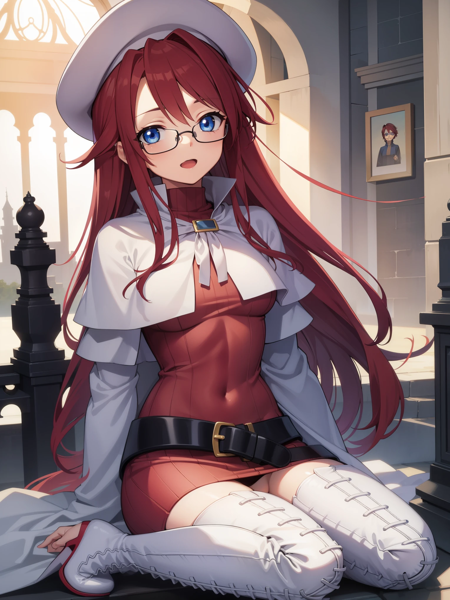 summonnightaty, aty, long hair, blue eyes, red hair, beret, hat, glasses,
BREAK long hair, thighhighs, hat, dress, boots, glasses, belt, cape, sweater, zettai ryouiki, beret, thigh boots, white footwear, ribbed sweater, loose belt,solo,
BREAK outdoors, fantasy_town,
BREAK (masterpiece:1.2), best quality, high resolution, unity 8k wallpaper, (illustration:0.8), (beautiful detailed eyes:1.6), extremely detailed face, perfect lighting, extremely detailed CG, (perfect hands, perfect anatomy),covered_nipples,covered_navel,light_smile ,walking,(half_eyes:1.2),light_open_mouth,sword,armpit,sleepy,sitting,red_sweater,