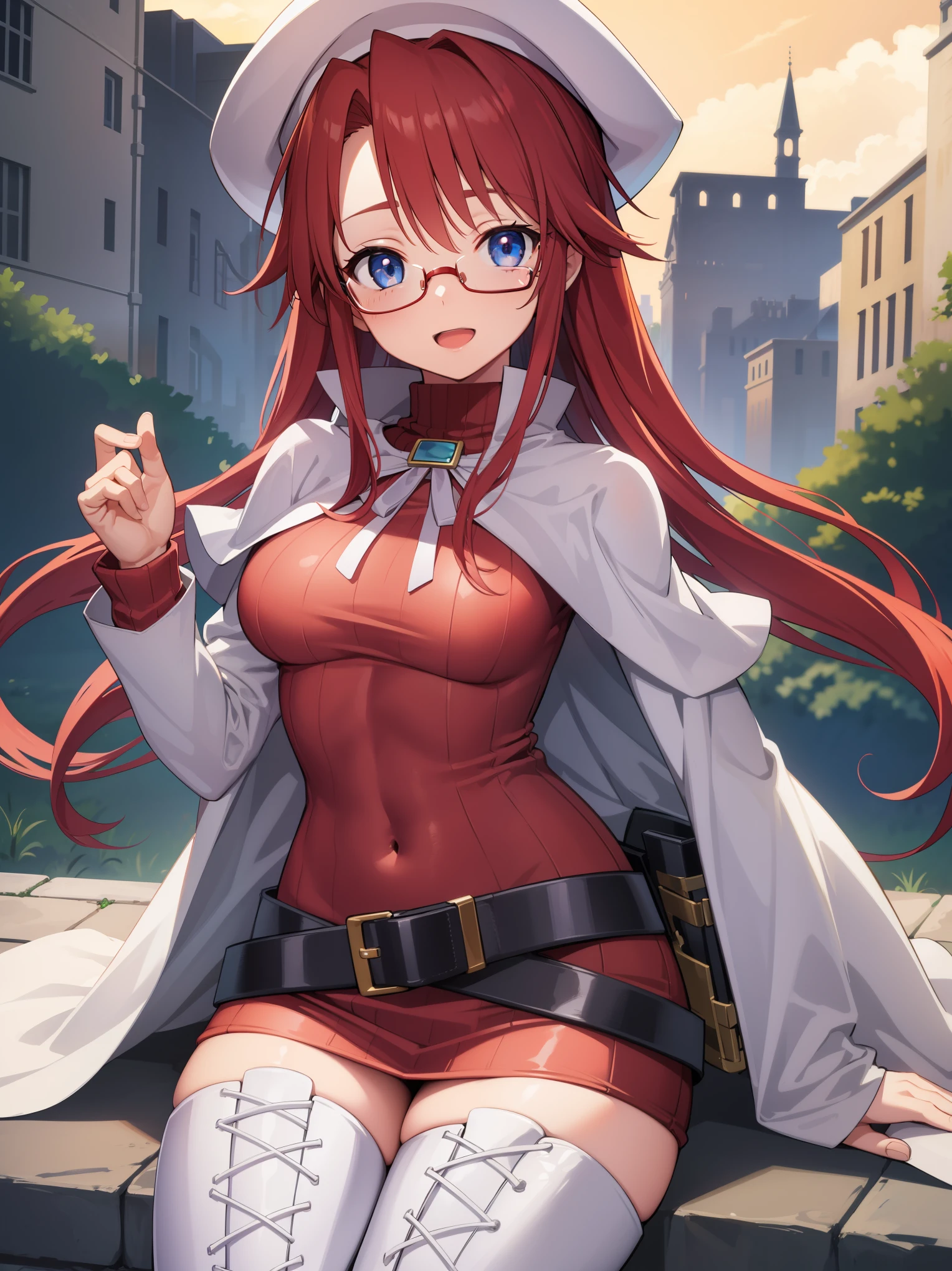summonnightaty, aty, long hair, blue eyes, red hair, beret, hat, glasses,
BREAK long hair, thighhighs, hat, dress, boots, glasses, belt, cape, sweater, zettai ryouiki, beret, thigh boots, white footwear, ribbed sweater, loose belt,solo,
BREAK outdoors, fantasy_town,
BREAK (masterpiece:1.2), best quality, high resolution, unity 8k wallpaper, (illustration:0.8), (beautiful detailed eyes:1.6), extremely detailed face, perfect lighting, extremely detailed CG, (perfect hands, perfect anatomy),covered_nipples,covered_navel,light_smile ,walking,(half_eyes:1.2),light_open_mouth,sword,armpit,sleepy,sitting,red_sweater,