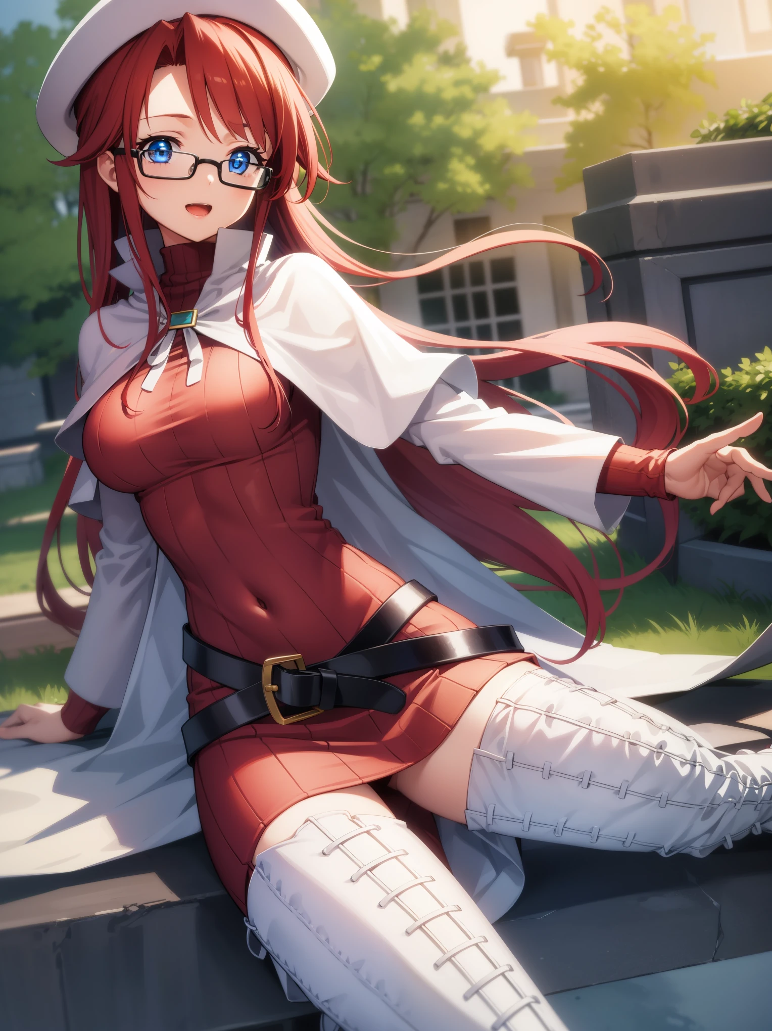 summonnightaty, aty, long hair, blue eyes, red hair, beret, hat, glasses,
BREAK long hair, thighhighs, hat, dress, boots, glasses, belt, cape, sweater, zettai ryouiki, beret, thigh boots, white footwear, ribbed sweater, loose belt,solo,
BREAK outdoors, fantasy_town,
BREAK (masterpiece:1.2), best quality, high resolution, unity 8k wallpaper, (illustration:0.8), (beautiful detailed eyes:1.6), extremely detailed face, perfect lighting, extremely detailed CG, (perfect hands, perfect anatomy),covered_nipples,covered_navel,light_smile ,walking,(half_eyes:1.2),light_open_mouth,sword,armpit,sleepy,sitting,red_sweater,