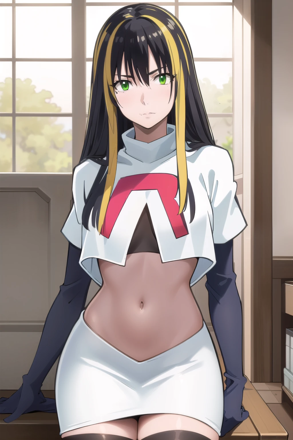 photorealistic, (4k), depth of field, (Masterpiece), (realistic skin texture), extremely detailed, intricate, hyper detailed, professional photography, high resolution, sharp detail, best quality, woman, long hair, black hair, yellow hair streaks, green eyes, team rocket,team rocket uniform,white skirt,red letter R,crop top,black thigh-highs,black elbow gloves,