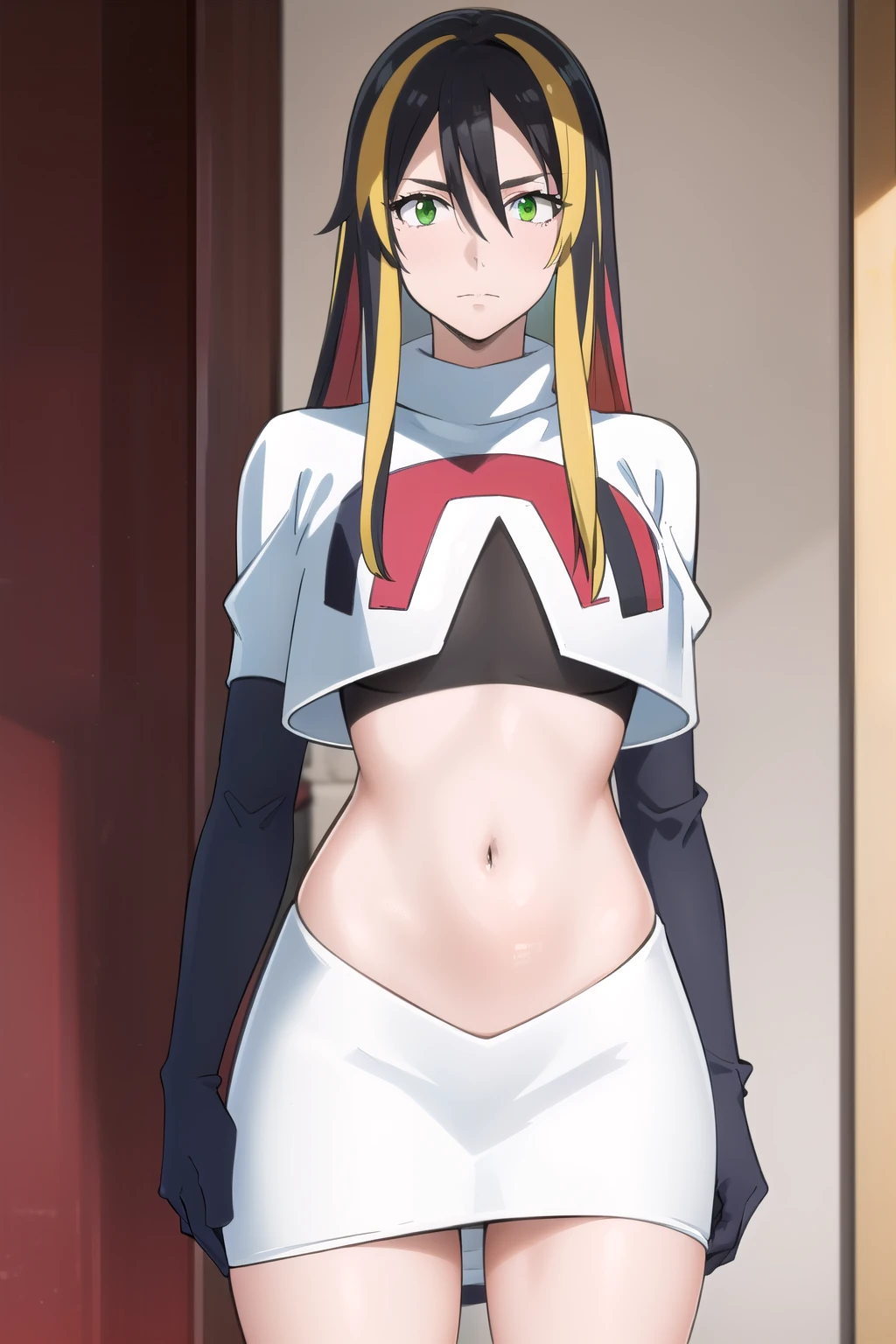 photorealistic, (4k), depth of field, (Masterpiece), (realistic skin texture), extremely detailed, intricate, hyper detailed, professional photography, high resolution, sharp detail, best quality, woman, long hair, black hair, yellow hair streaks, green eyes, team rocket,team rocket uniform,white skirt,red letter R,crop top,black thigh-highs,black elbow gloves,