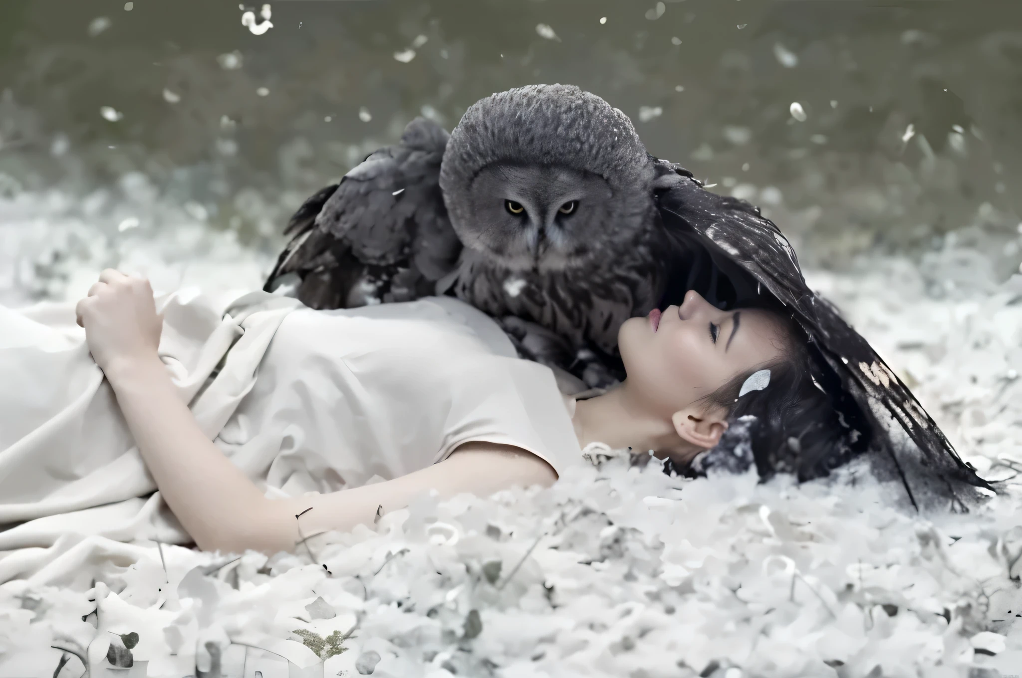 colorful，bright colors，high quality photography，Clear details and layers，Noiseless，Noiseless，Particle-free，strong light and shadow，Perfect details，raw,8k，A woman is lying on the bed，There is a big owl on the head, There is an owl on the shoulder, realistic fantasy photography, Light manipulation, nice photos, and a cute fluffy owl, by Lucia Peca, The smartest of all owls, by Yun Du-seo, rest, [ Realistic photos ]!!, photo manipulation, fantasy photography, beautiful art