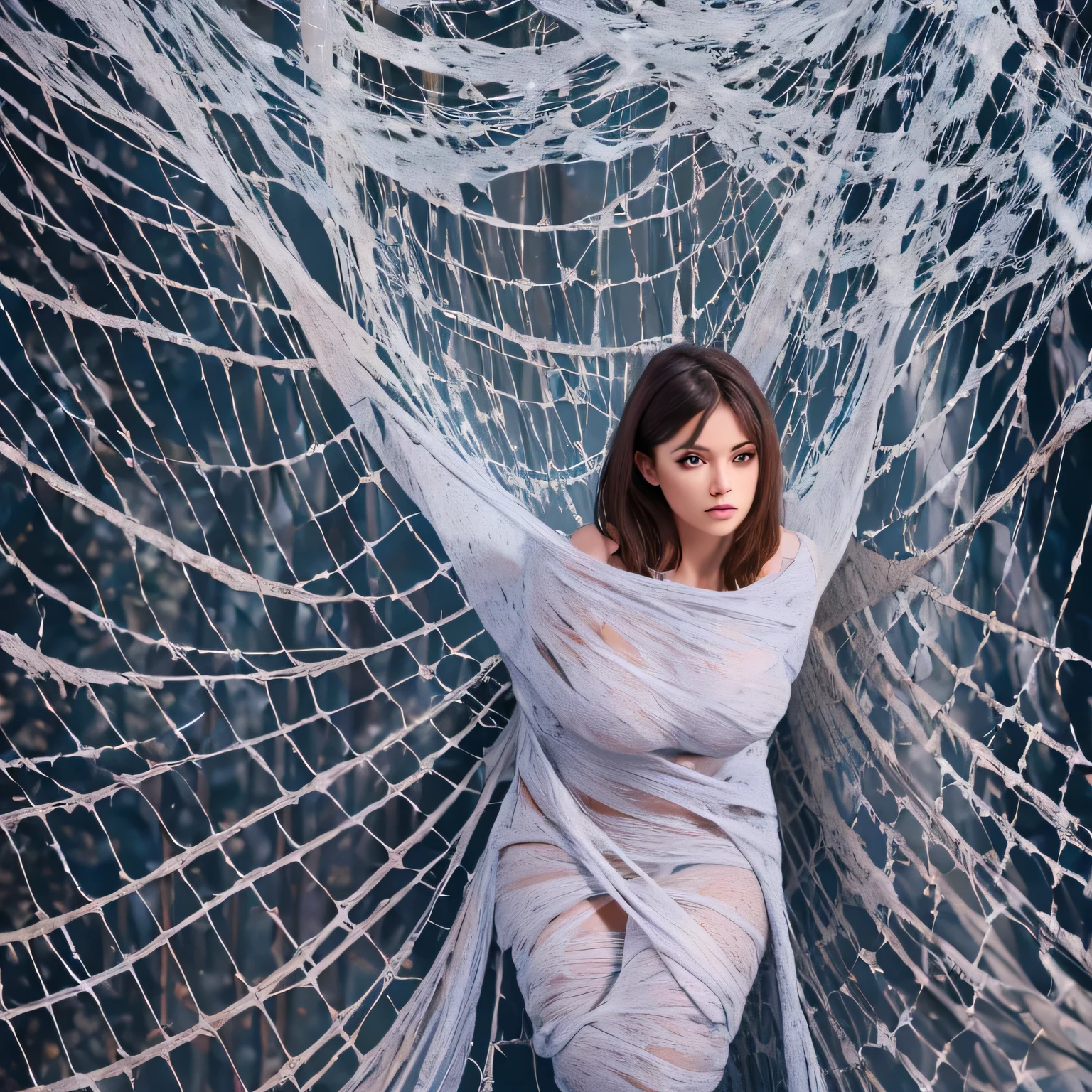 one girl tied up by another one with rope,(bright lighting,romantic setting),dreamy background,bondage,dark hair, mesmerizing gaze, , soft skin, alluring beauty, artistic portrait, high-quality image, vibrant colors, long silk gown, dressing room, (cocoon:1.4)