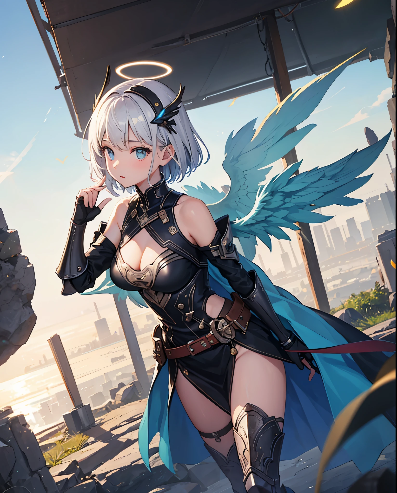fantasy, 1angel_girl,young_, ,silver_hair, short_hair, long_bangs, halo,bare_shoulder,thighhighs,silver_armor, waist_armor, large_breasts,sleepy,half_eyes,1pair_wings, dynamic_pose_fighting,floating, bare_crotch, headgear,gauntlet, greaves,city_background,slightly_spread_legs, solo, groin_naked,
