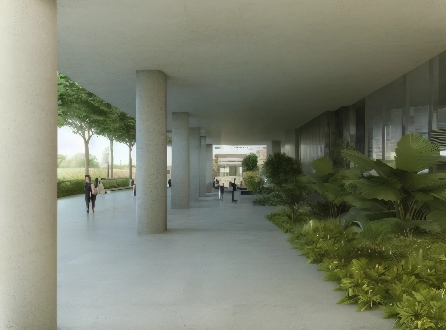 There are people walking down a walkway between two buildings, digital Rendering, architectural rendering, View at ground level, View at ground level, Rendering, architectural rendering, View at ground level, detailed Rendering, green terrace, detail rendering, photographic rendering, conceptual Rendering, paisagem do corredor, Perspective view, corredor, architectural visualization, architectural Rendering, architectural visualization, Rendering digital