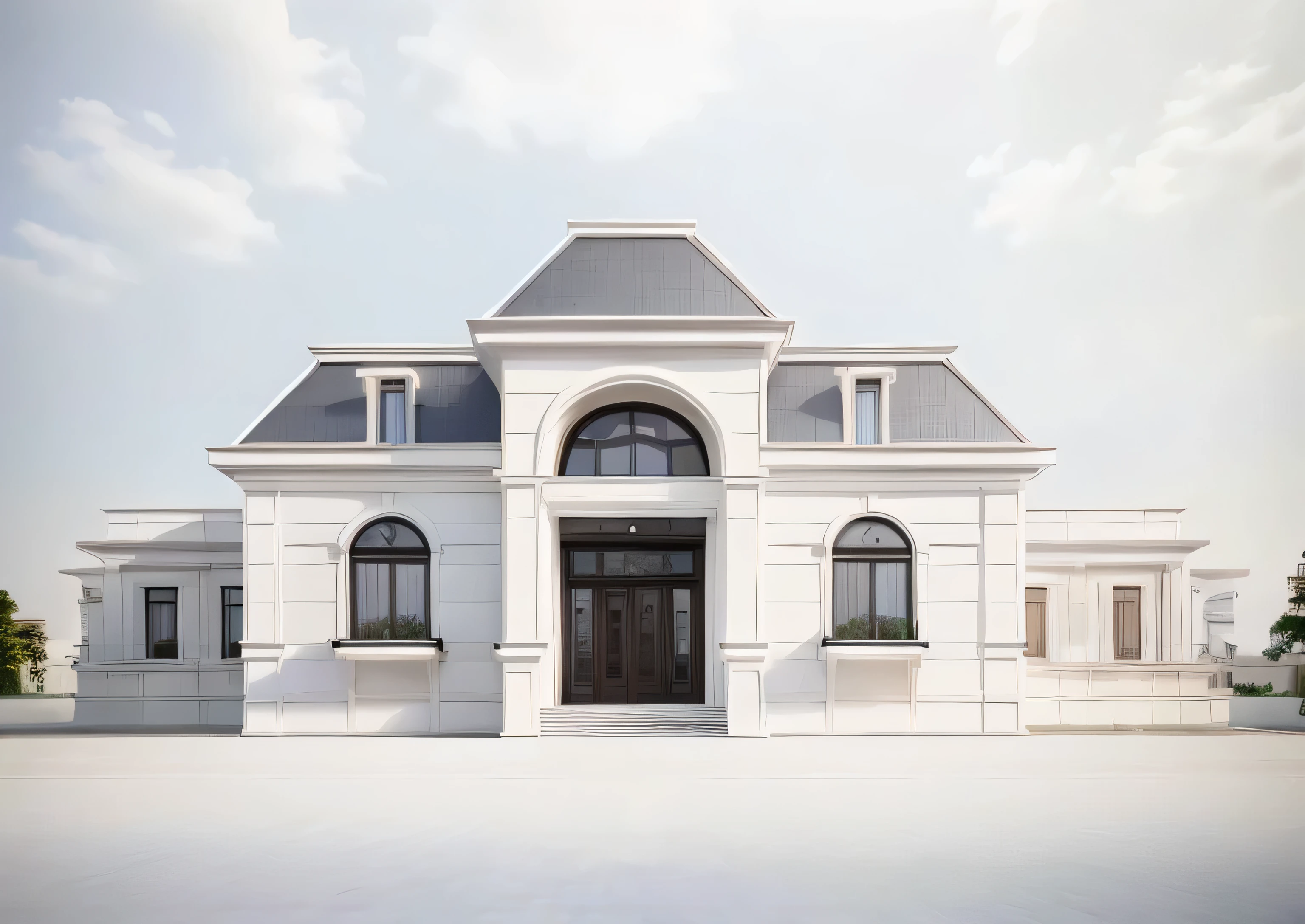 masterpiece, (photorealistic:1.2), best quality, ultra high res, exterior,architechture,modern house,white wall, glass windows,trees around, blue sky,in the style of realistic hyper-detailed rendering, luxury neoclassical villa, in the style of neoclassical scenes, white,  daylight,  best quality