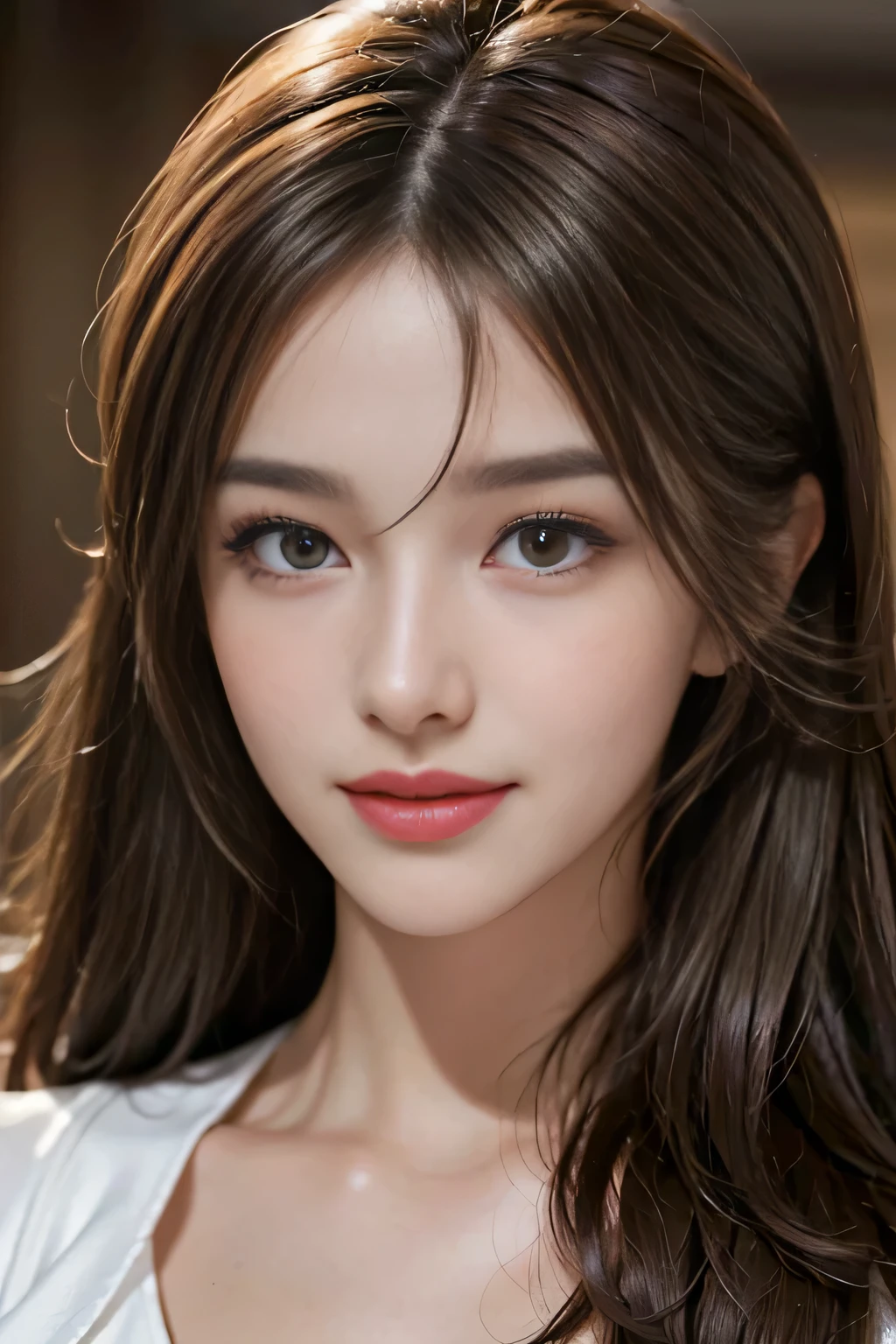table top, highest quality, realistic, Super detailed, finely, High resolution, 8k wallpaper, 1 beautiful woman,, light brown messy hair, wearing a business suit, sharp focus, perfect dynamic composition, beautiful and detailed eyes, thin hair, Detailed realistic skin texture, smile, close-up portrait, model body shape