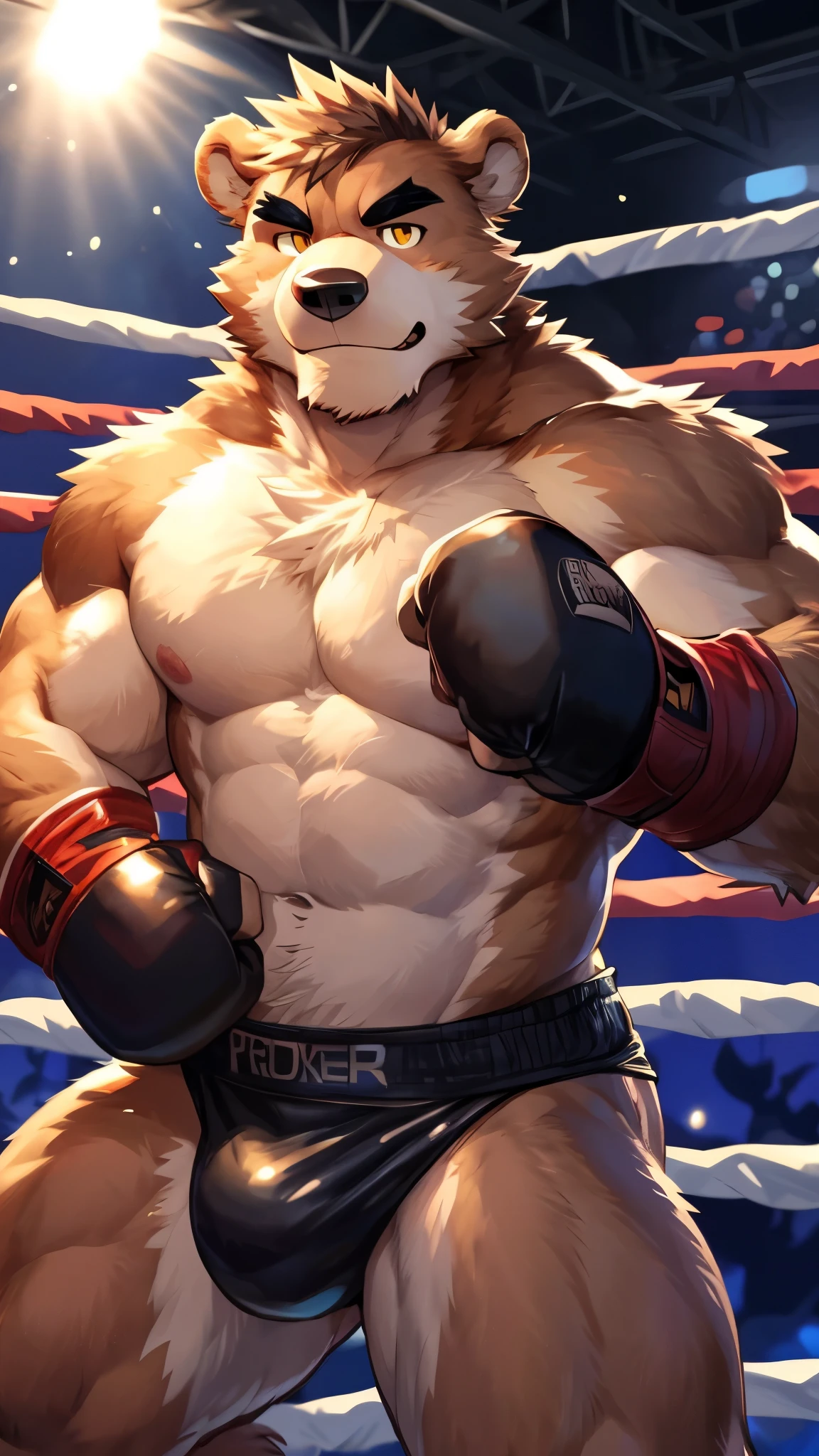 masterpiece,best quality,detailed background,hi res, by null-ghost,by milkytiger1145,by takemoto arashi, inside,fighting ring, solo,solo focus,male,male focus,anthro,bear,(athletic), (brown fur,brown body,black eyebrows:1.3),looking at viewer, detailed eyes,yellow eyes,humanoid hands, (purple boxing speedo, glove gauntlets), (boxing dynamic pose)