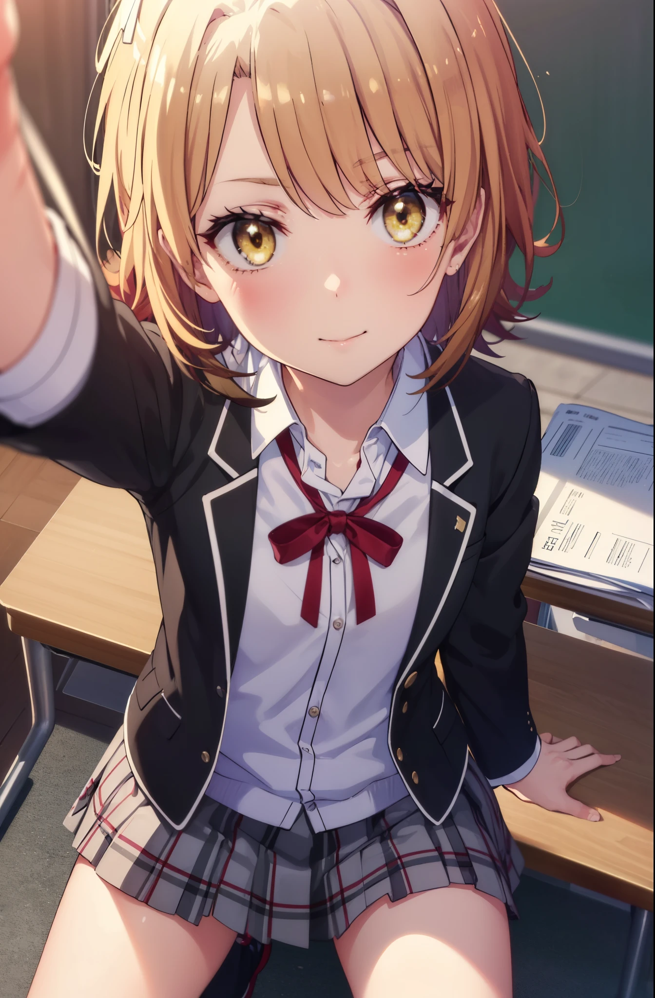 irohaisshiki, iroha isshiki, short hair, brown hair, (brown eyes:1.5), smile,blush,Holding the cell phone in the right hand and taking a selfie from directly above,I'm flashing my chest with my left hand,open your mouth,
break skirt, shirt, school uniform, Jacket, white shirt, open clothes, socks, open Jacket, black Jacket, plaid, knee high, plaid skirt, blazer, black socks,soubu high school uniform,
break indoors, classroom,
break looking at viewer,
break (masterpiece:1.2), highest quality, High resolution, unity 8k wallpaper, (figure:0.8), (detailed and beautiful eyes:1.6), highly detailed face, perfect lighting, Very detailed CG, (perfect hands, perfect anatomy),