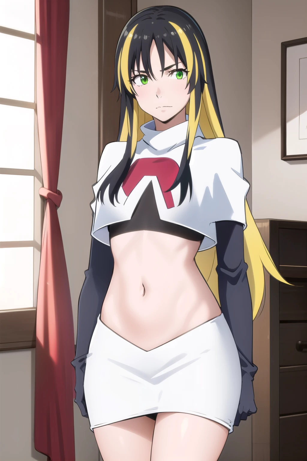 photorealistic, (4k), depth of field, (Masterpiece), (realistic skin texture), extremely detailed, intricate, hyper detailed, professional photography, high resolution, sharp detail, best quality, woman, long hair, black hair, yellow hair streaks, green eyes, team rocket,team rocket uniform,white skirt,red letter R,crop top,black thigh-highs,black elbow gloves,