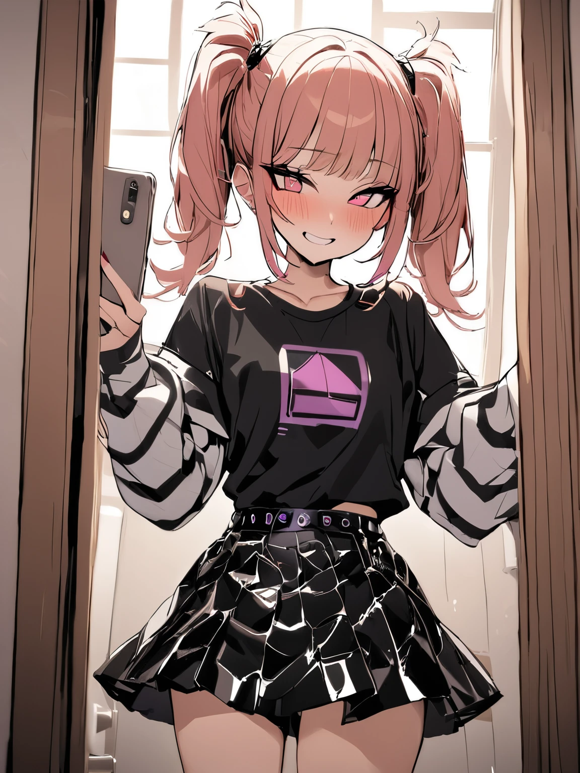 woman, Holo-Punk Style, perfect hair, masterpiece, best quality, indoors,shy, grin, messy twintails, makeup, standing, one hand selfie, blush, black t-shirt, white striped sleeves, skirt