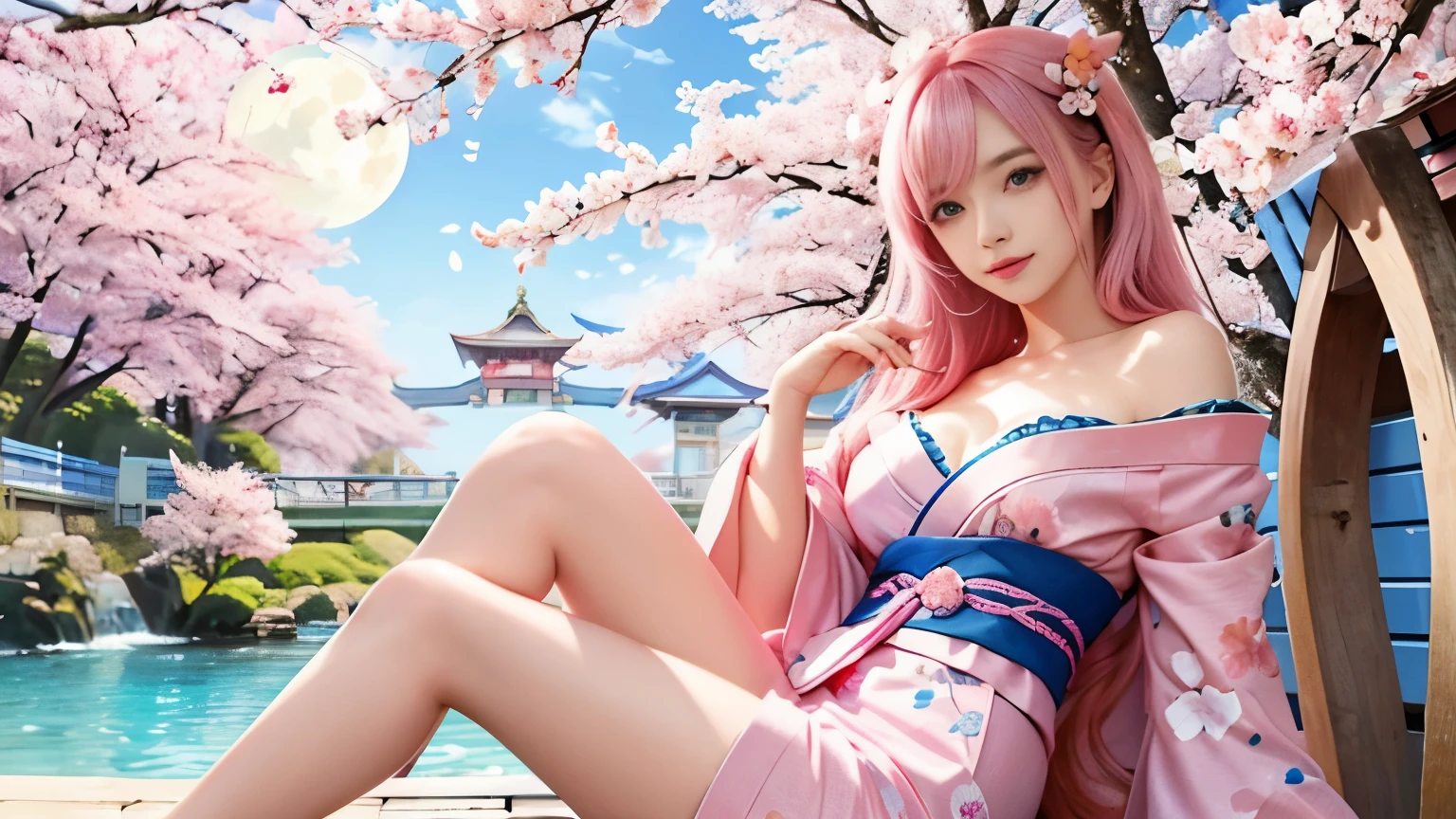 anime, one girl, colorful hair,pink hair and blue hair、 Hair is tangled, pink eyes, Kyoto, cherry blossoms、petal、moon, pink patterned kimono, off shoulder, sitting, alone,cleavage、smile、close up of face