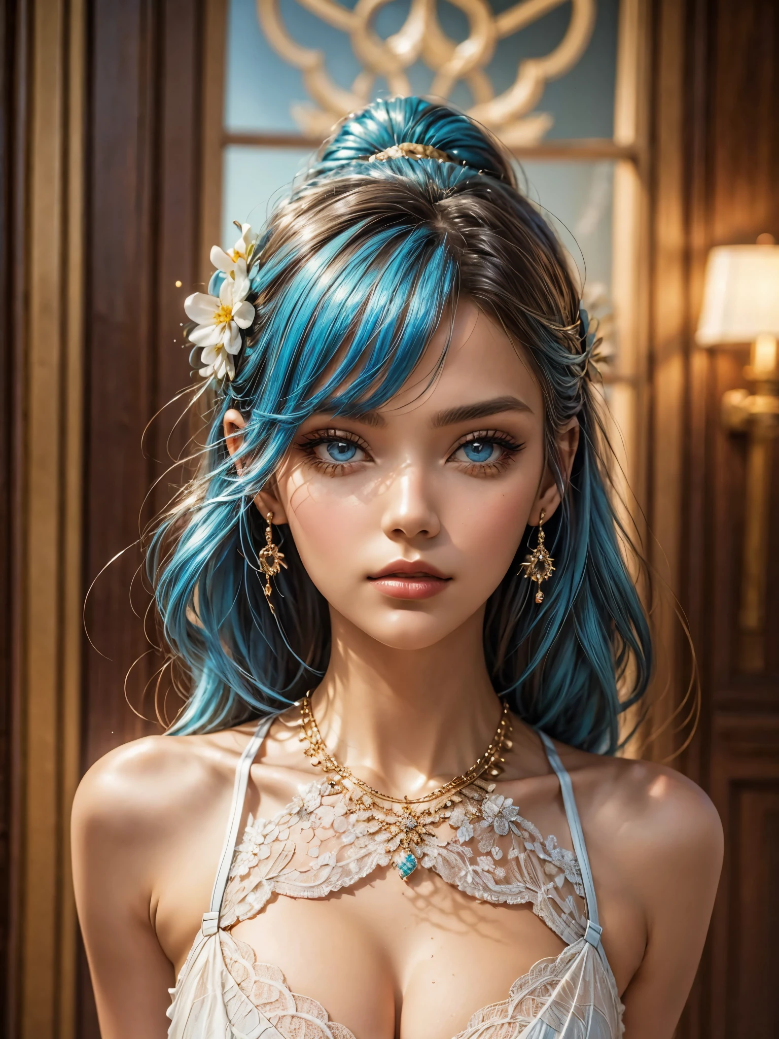 (masterpiece), (best quality), (ultra detailed),(disheed hair),(illustration), (1girl), (Fashionable clothing), standing, Fashion model, looking at viewer, (interview), (simple background), Beautiful detailed eyes, delicate beauty, floating, (high saturation), (colorful splash), colorful bubbles, (shine), focus on the face, ponytail, Ayaka Kamisato, light blue hair, bangs, scrunchies, floating flowers, flowing hair, (shiny), best lighting, best shadows, perfect hands