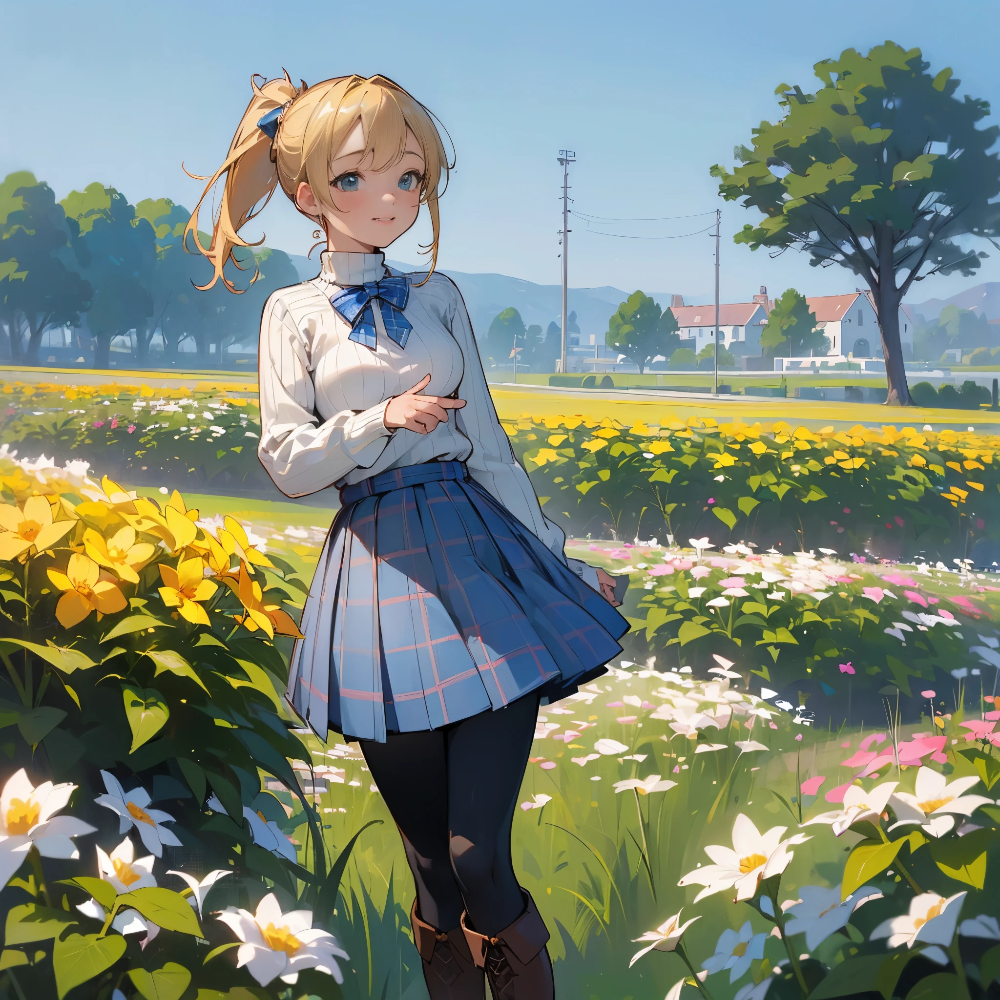 (high quality, High resolution, Super detailed, reality:1.37), peaceful atmosphere, (outdoors, garden), teenage girl standing alone, (my breasts are big.), Beautiful detail features, cute smile, (blonde ponytail), ribbed sweater, blue plaid skirt, black tights, brown boots.