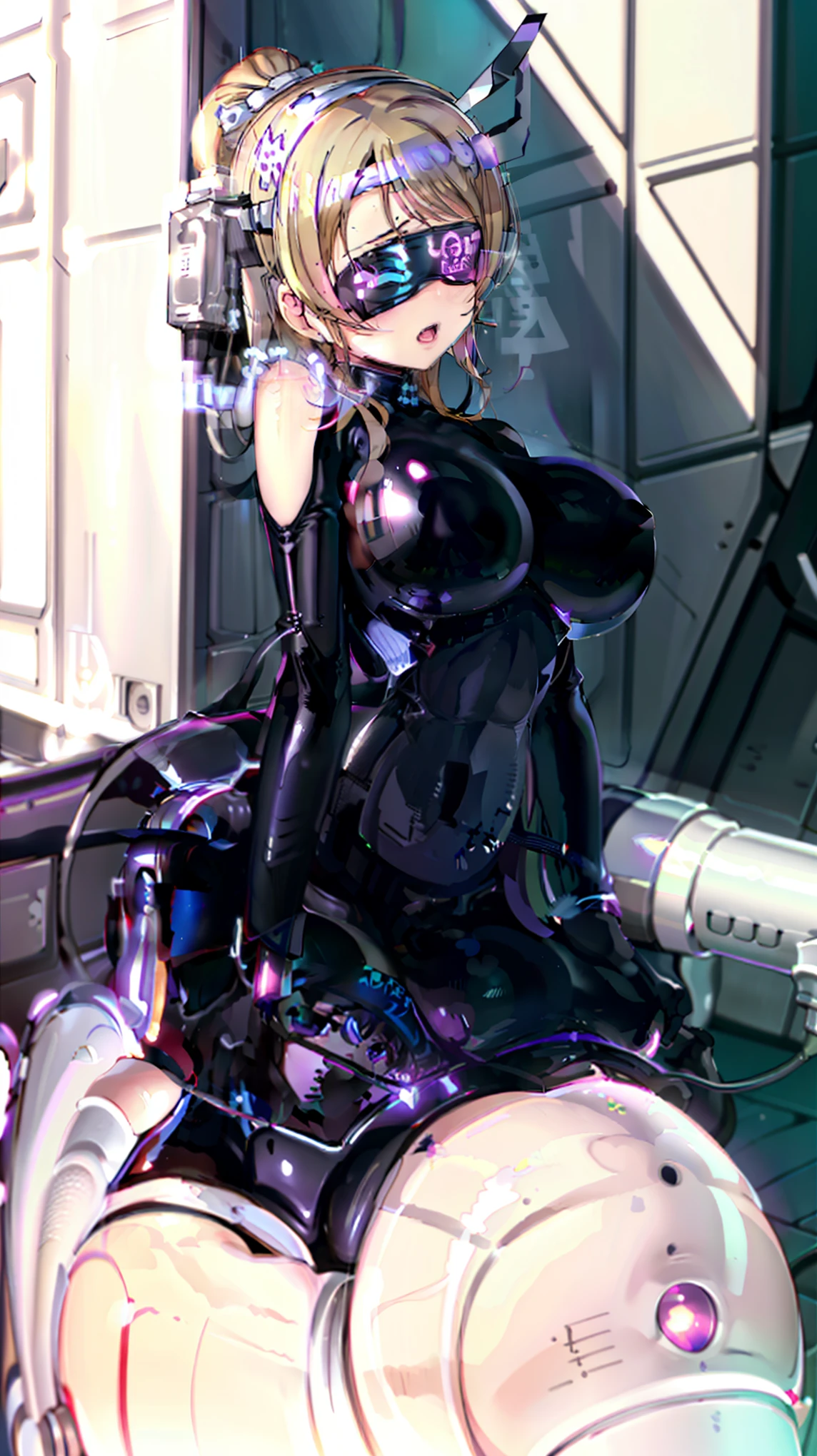 1 girl,NSFW,((brainwash, visor)), wires, Eri Ayase ,(lovelive),clavicle, purple glowing eyes,absurd, brainwashing,empty eyes, big breasts, No expression,erasure of emotions, (black latex tight bodysuit),avert your eyes , 全身shape,(highest quality、4k、8k、High resolution、must have:1.2)、Super detailed、(reality、reality的なです、reality的な:1.37)、ticker、hyper hd、studio lighting、ultra definition paint、sharp focus、Physically based rendering、extreme details、Professional specifications、vibrancy and color、blurry、sports portrait、landscape、horror style、anime big breasts、SF、photograph、concept artist、five fingers, perfect body,  {{{masterpiece}}}, {{{highest quality}}}, {{Super detailed}}, {shape}, {{very delicate and beautiful}},Improved cost performance、all roles、Canon 5D MK4でphotograph、photograph, 