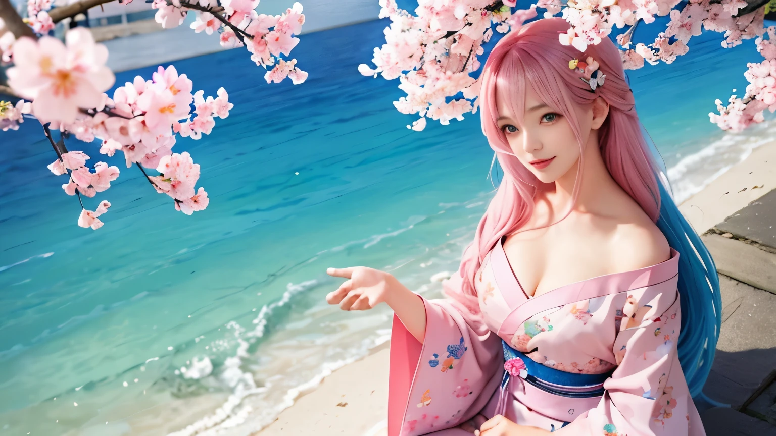 anime, one girl, colorful hair,pink hair and blue hair、 Hair is tangled, pink eyes, Kyoto, cherry blossoms、petal、moon, pink patterned kimono, off shoulder, sitting, alone,cleavage、smile、close up of face