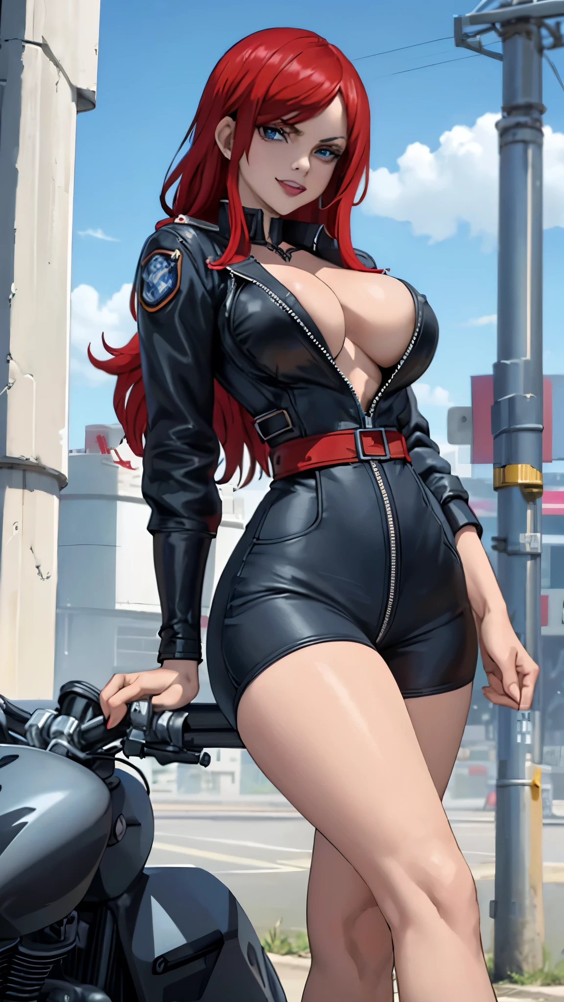 ((Sexy, beautiful)) ((Big bright blue eyes)) ((dark eyeshadows make up)) ((bright red lipstick)) ((very happy smile))((beauty breasts:1.5)) ((slender body:1.3)) ((wear black leather jacket, black thong bikini)) ((ckoker)) ((posing riding sit on chopper motorcycle)) ((beach parking)) ((high definition:1.5), ((low intencity lightasterpiece:1.5))((8k:1.5)) ((Best quality:1.4)), more_details:-1, more_details:0, more_details:0.5, more_details:1, more_details:1.5,