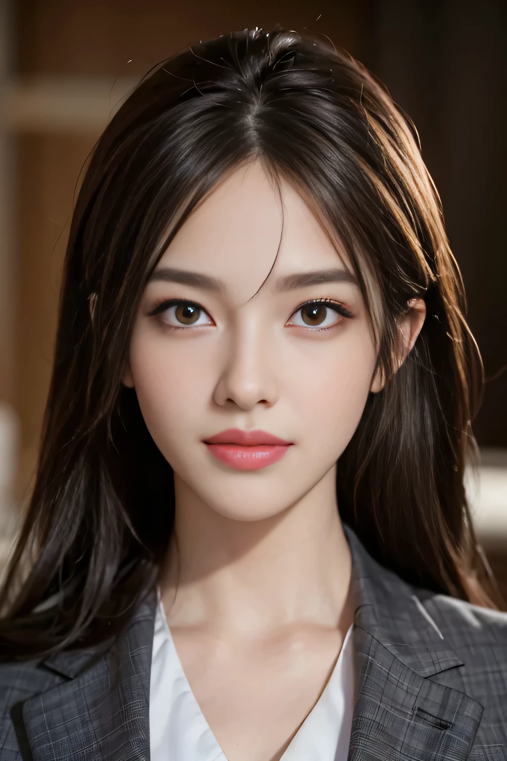 table top, highest quality, realistic, Super detailed, finely, High resolution, 8k wallpaper, 1 beautiful woman,, light brown messy hair, wearing a business suit, sharp focus, perfect dynamic composition, beautiful and detailed eyes, thin hair, Detailed realistic skin texture, smile, close-up portrait, model body shape
