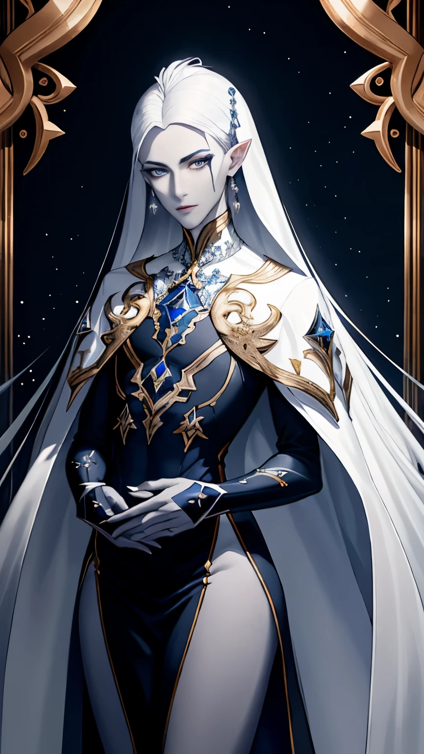 1boy , Illustration of a masterpiece featuring a solitary, elegant mature deity standing in an underwater kingdom , Outdoor , Dressed in a white outfit, wearing a lot  of silver jowelery on his body, with transparent  shiny long sleeves and cape , transparent fluffy long hem, jowelery hanging on the chest , silver shocker, teardrop accessories,  silver white robes, silver pearl_foot wear, wears a lot of accessories, exudes a cold expression, solemn expression, lips closed, his long white hair, with side locks and navy blue streak adorned with silver circlet , head jowelery. (Slit pupils:1.1) ,Sharp eyes , silver pale eyes) , heavily lined with navy blue eyeliner and eyeshadow, navy blue lipstick on the lips, heavy makeup, hold a piercing gaze. face characterized by best quality, hyper-detailed features, showcases charming patterns, extremely beautiful, androgynous, hermaphrodite , slim and delicate shoulders, delicate thin body, androgynous body, blue teardrop mark on forehead, long eyelashes , water theme , beautiful water_landscape, blue sharp nails, water magic, hydro , underwater , water element , small pointy ears