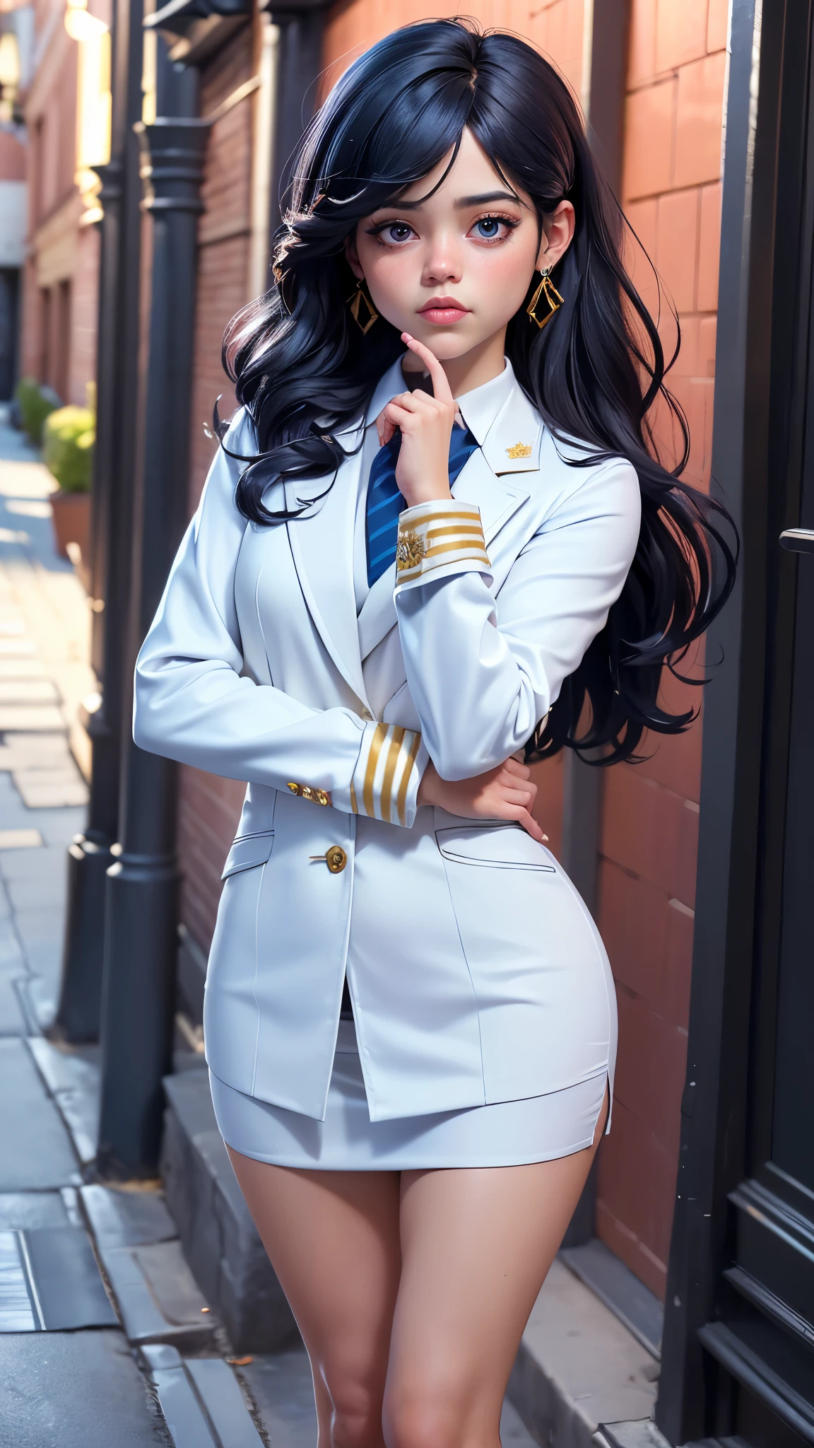 (La mejor calidad,A high resolution,Ultra - detallado,actual),JennaOrtega, , gynoid physics, traje de falda color noche, (Minifalda Escolar Plisada white :1.4) , (((chaqueta color noche))), (((corbata de seda))), corbata windsor, (((Camisa blanca))), talla de copa treinifalda color noche con 1 raya horizontal dorada))), enfocarse solo, Totalmente vestida, Formalmente vestido, grumpy expression, boca cerrada, cabello corto, flequillo recto, flequillo largo, cabello con raya al medio, (background alley big stones night:1.4), More detailed 8K.motor irreal:1.4,UHD,La mejor calidad:1.4, fotorrealista:1.4, textura de la piel:1.4, obra maestra:1.8,obra-prima, mejor calidad,objeto Objeto], (detailed face features:1.3),(Las proporciones correctas),(Ojos hermosos azules:1.4 ),  (pose vaquero),( only), (Jenna Ortega v2.1 ), (dedos detailed :1.4) 
