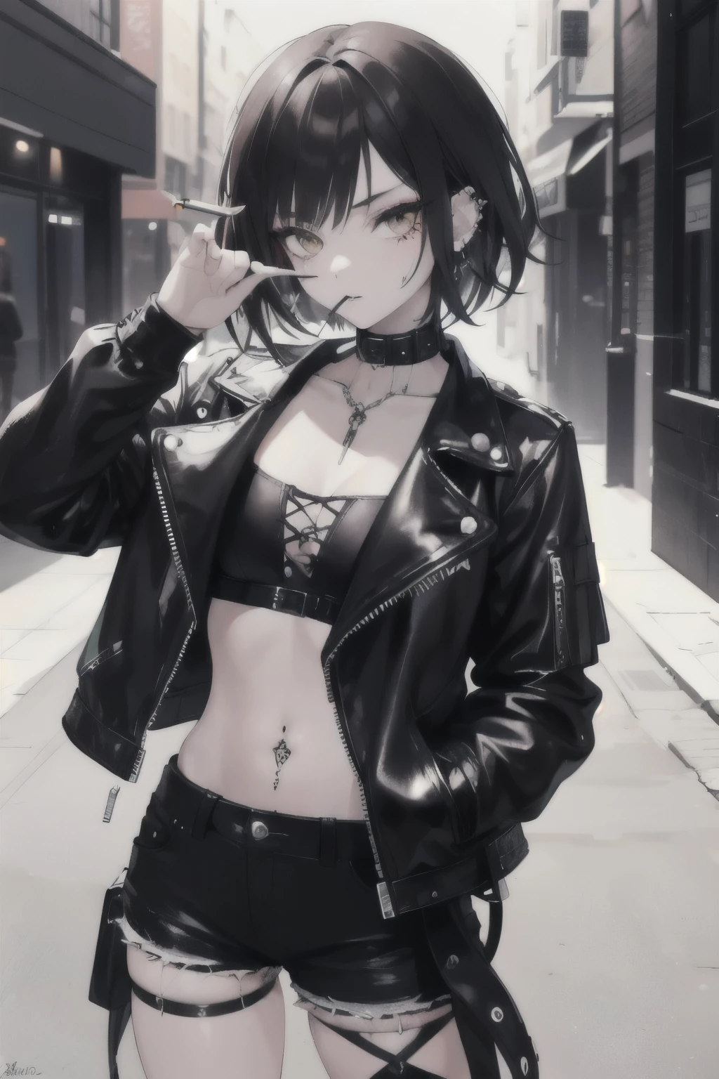 A girl with Gothic makeup rockstar with a cigarette in her mouth, a leather jacket, Black eyeshadow, short hair, Black jeans, Brown eyes, with piercing